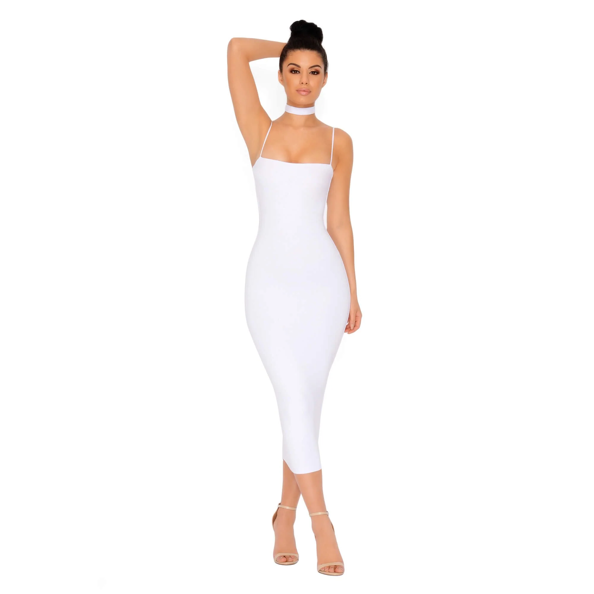 Choke Of Luck Double Layered Midi Dress with Choker in White