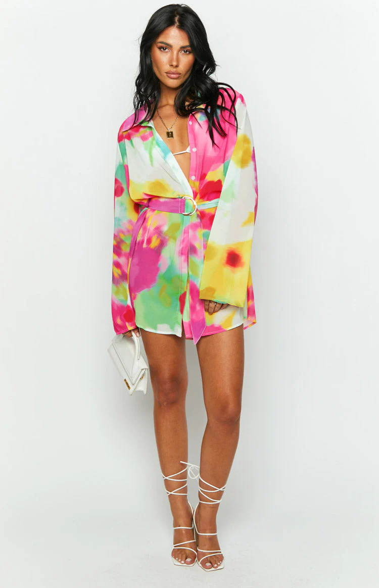 Moscow Floral Print Long Sleeve Button Up Mini Shirt Dress