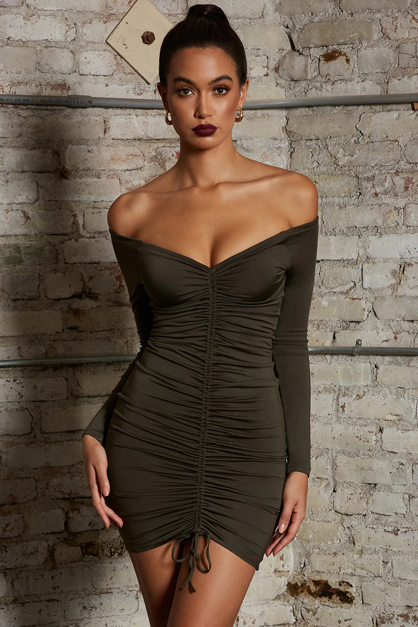Get Down Tonight Long Sleeve Ruche Bardot Mini Dress in Khaki