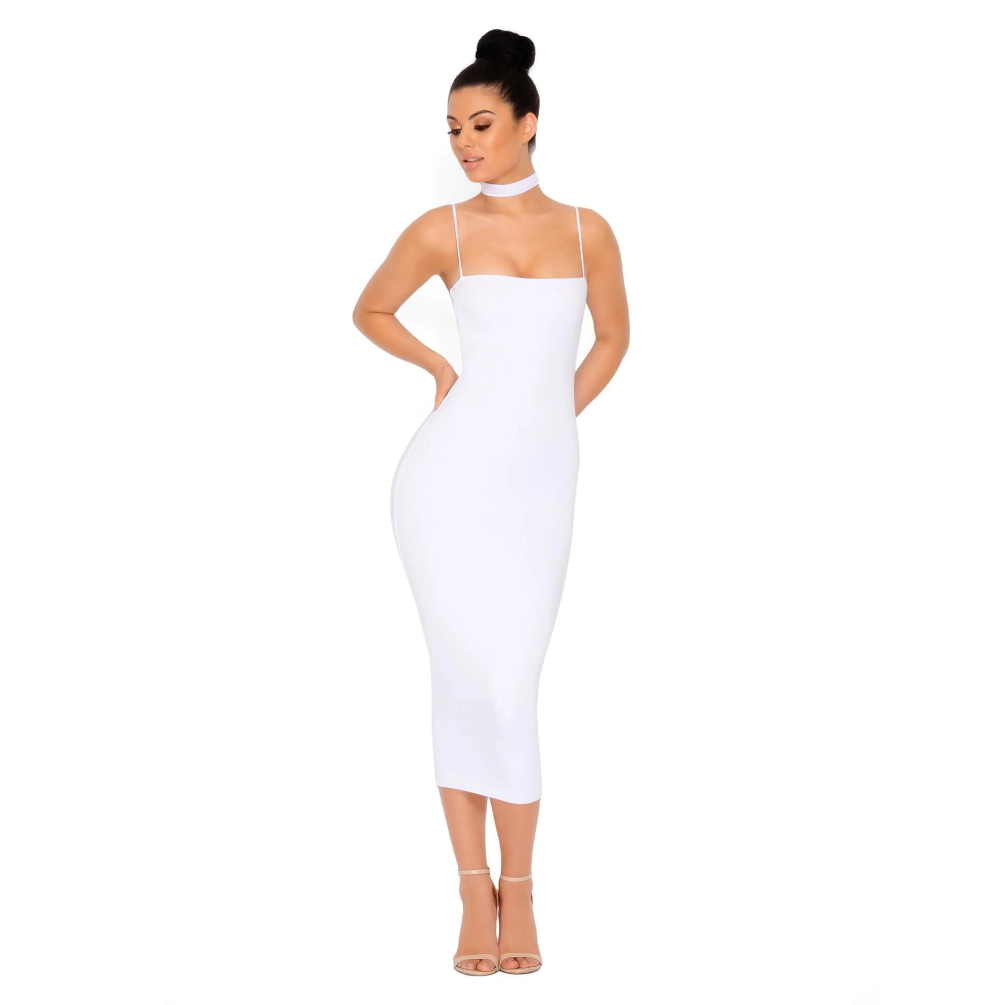 Choke Of Luck Double Layered Midi Dress with Choker in White