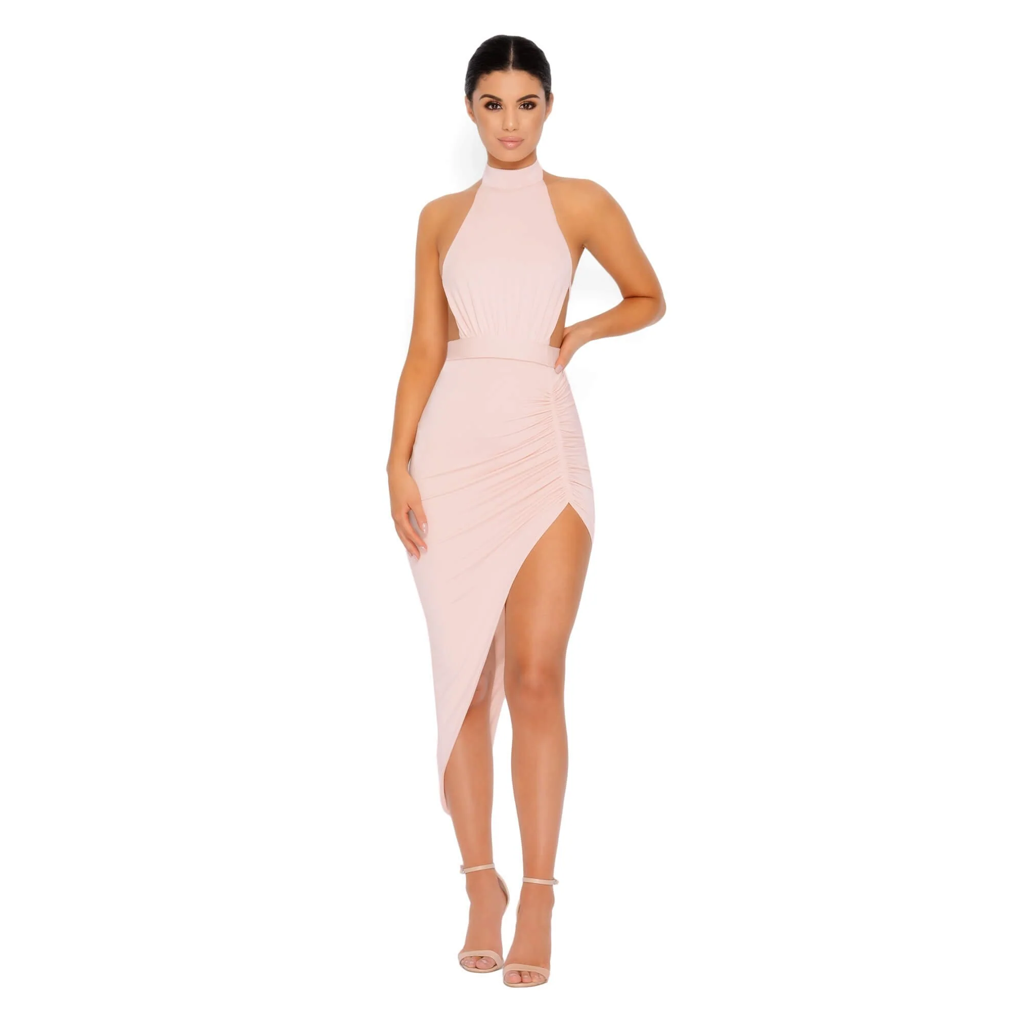 Eyes On The Thighs Halter Neck Asymmetric Midi Dress in Blush
