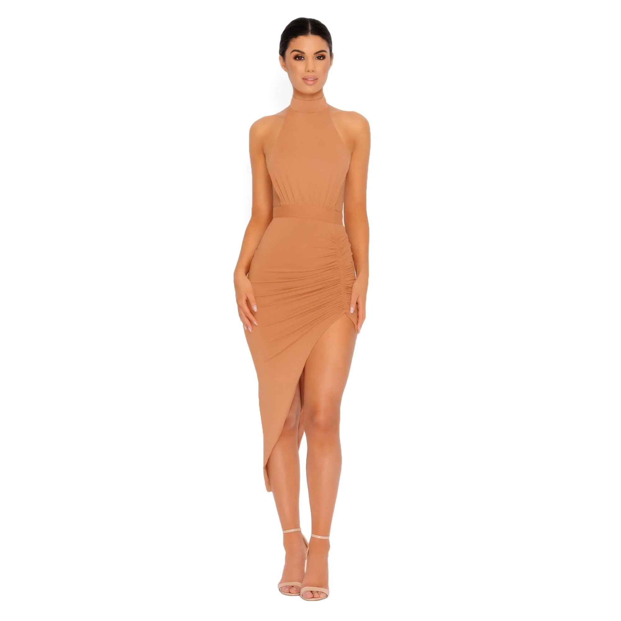 Eyes On The Thighs Halter Neck Asymmetric Midi Dress in Caramel