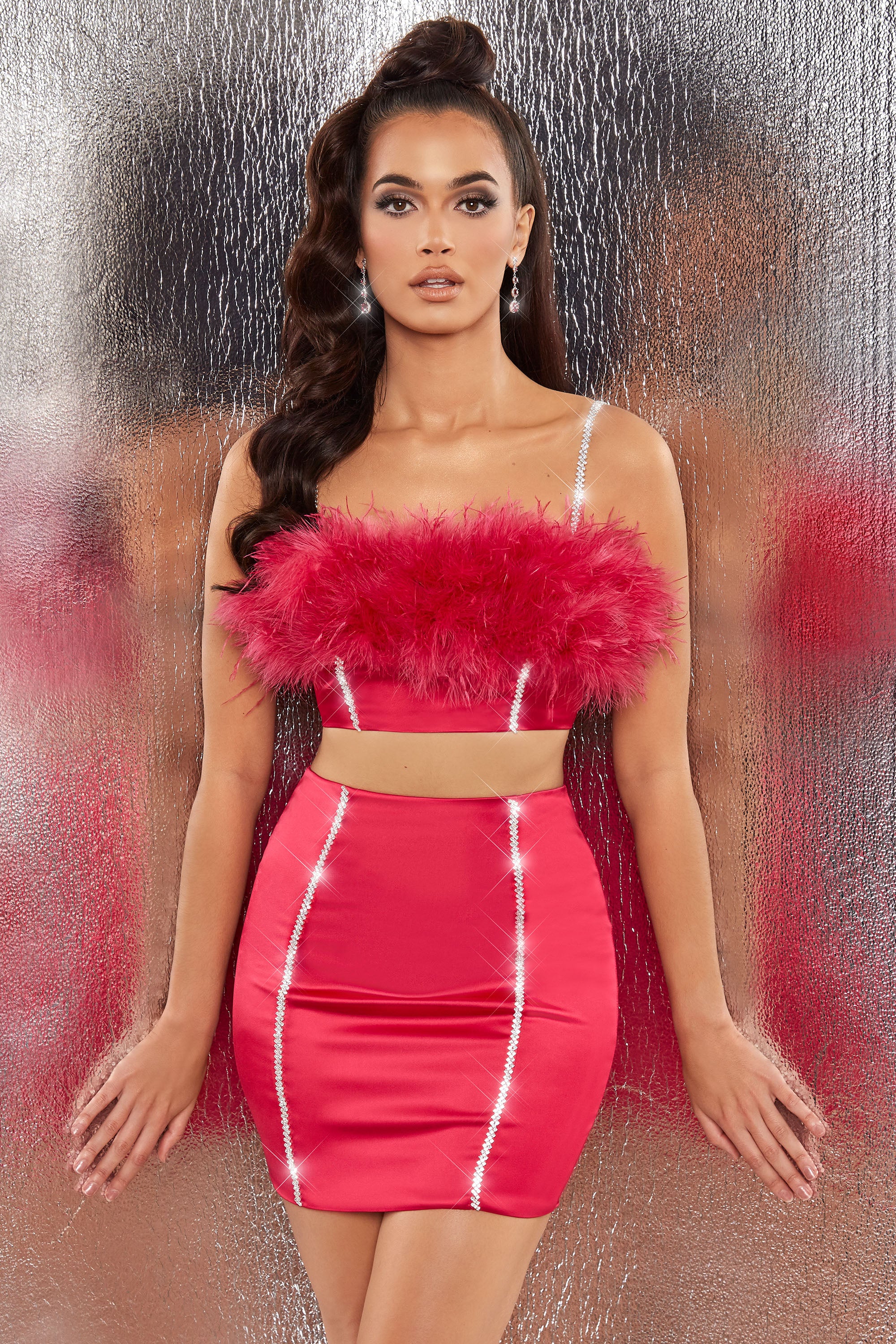 Bring The Party Embellished Satin Feather Crop Top in Hot Pink