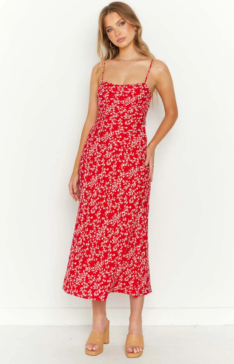 Delphine Red Floral Midi Dress