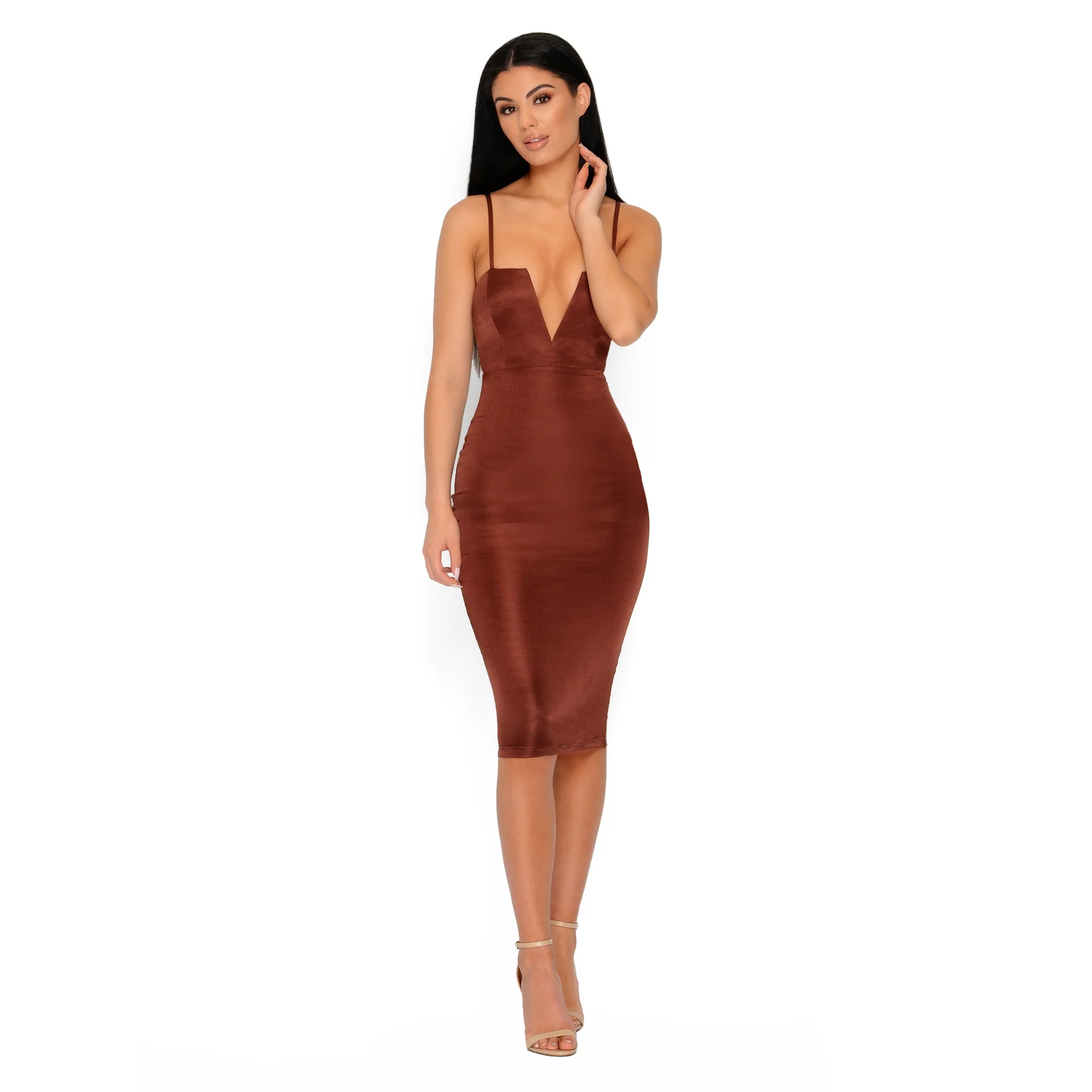 Deep & Bounds Structured Satin Midi Dress in Chocolate Brown