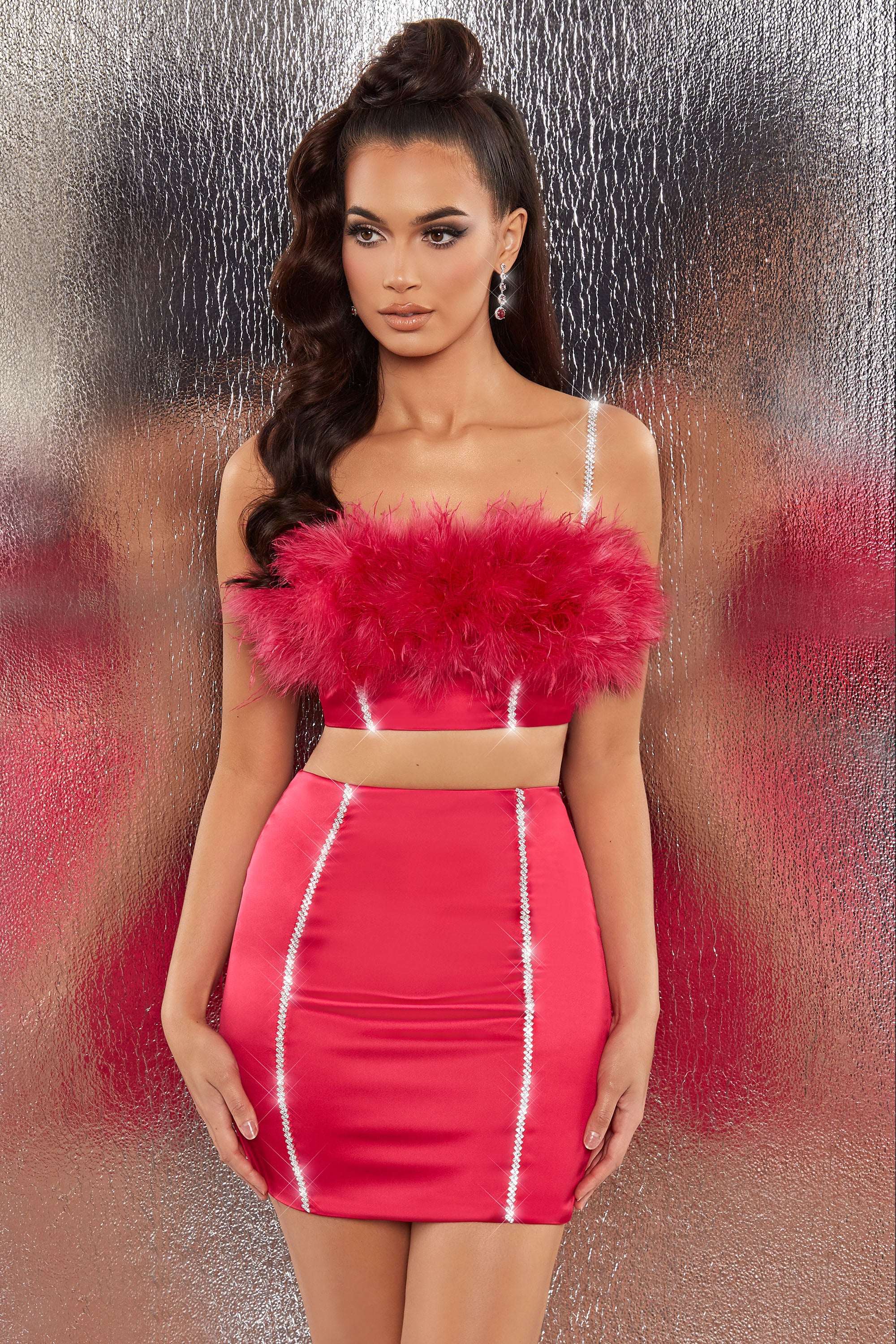 Bring The Party Embellished Satin Feather Crop Top in Hot Pink