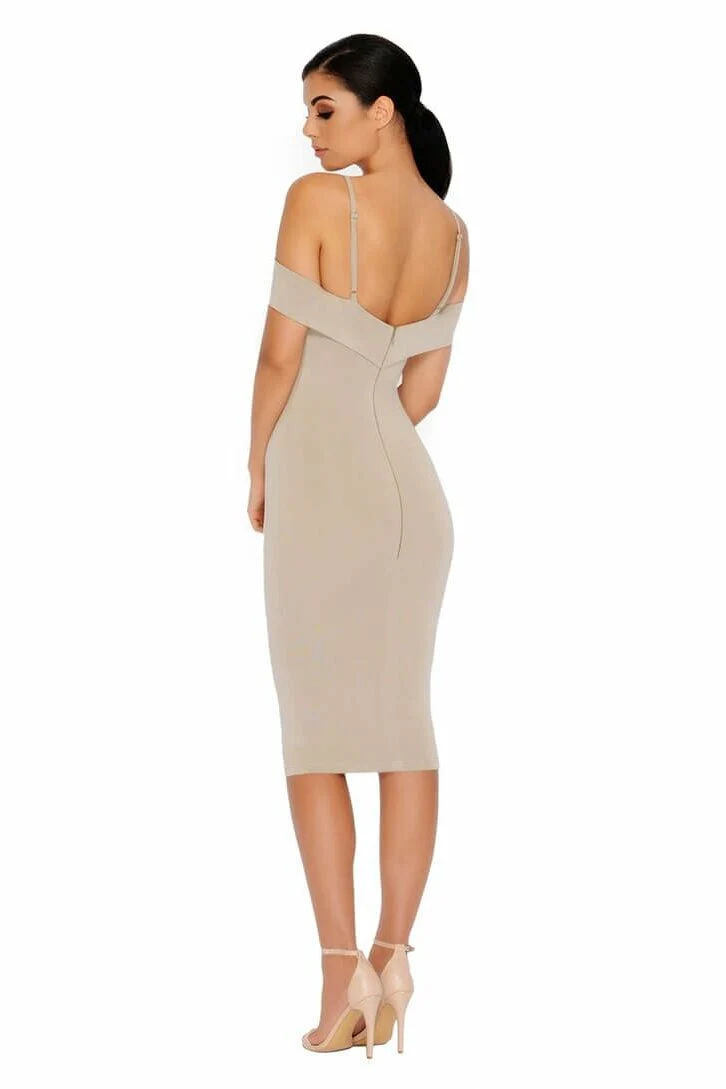 Bold Shoulder Double Layered Bardot Midi Dress in Stone