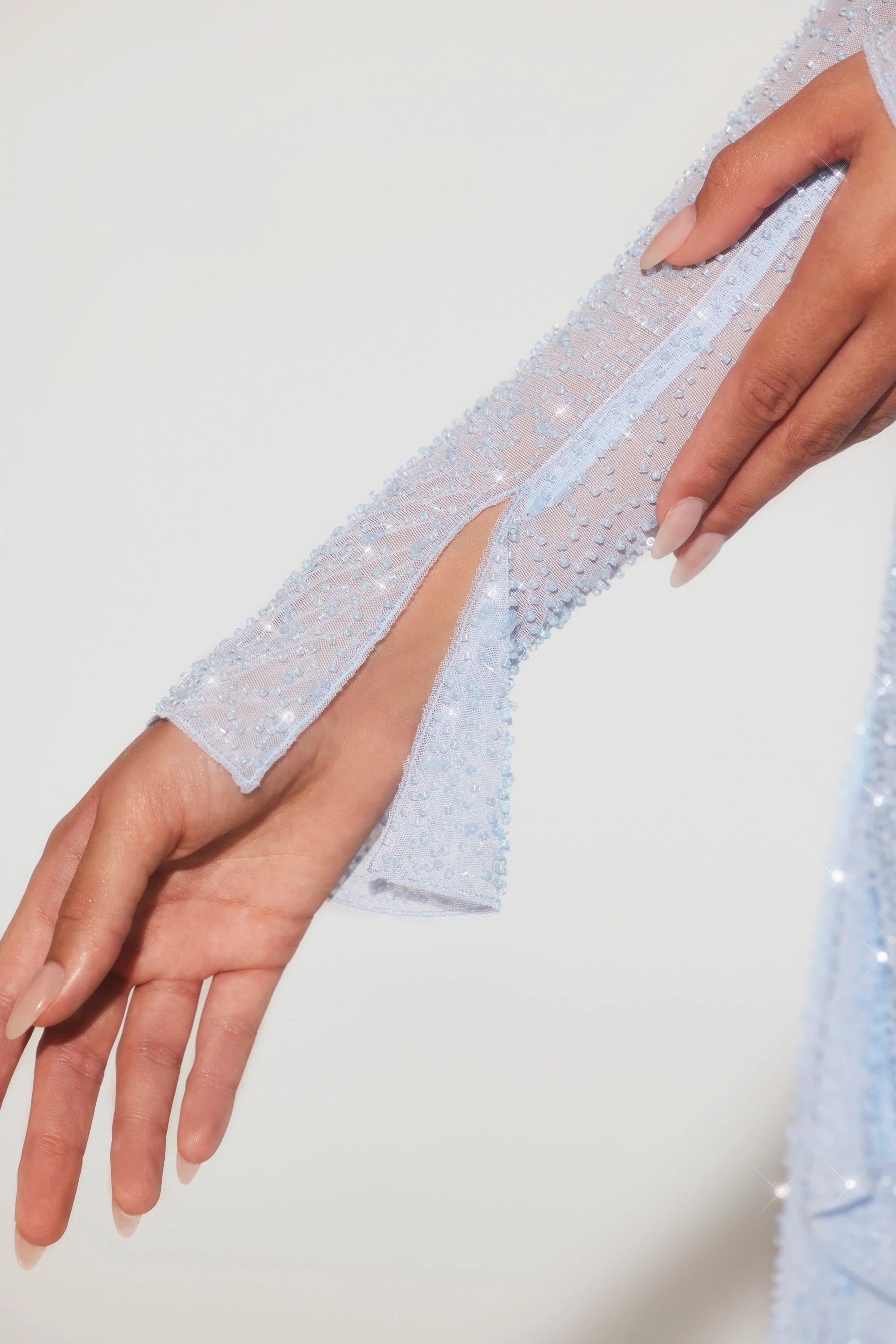 Long Sleeve Embellished Cowl Neck Mini Dress in Blue