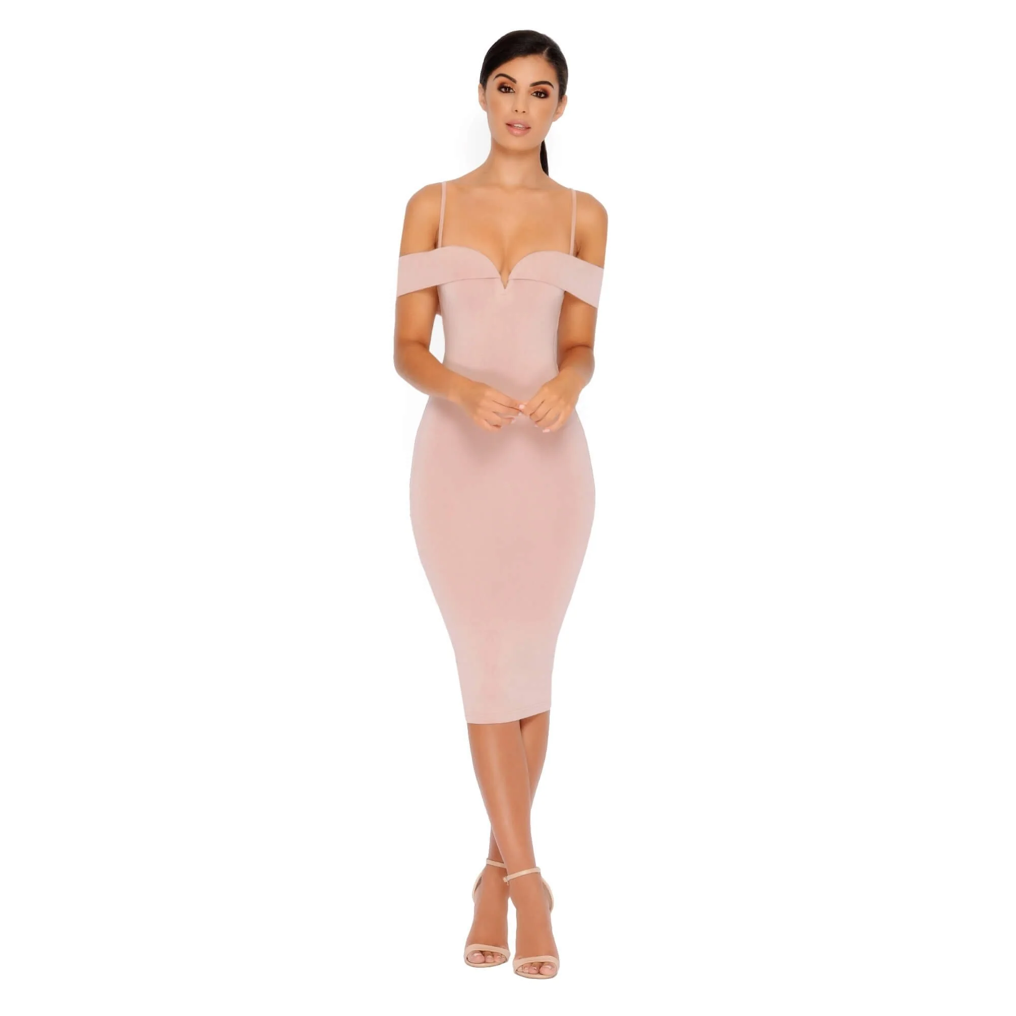 Bold Shoulder Double Layered Bardot Midi Dress in Light Mauve