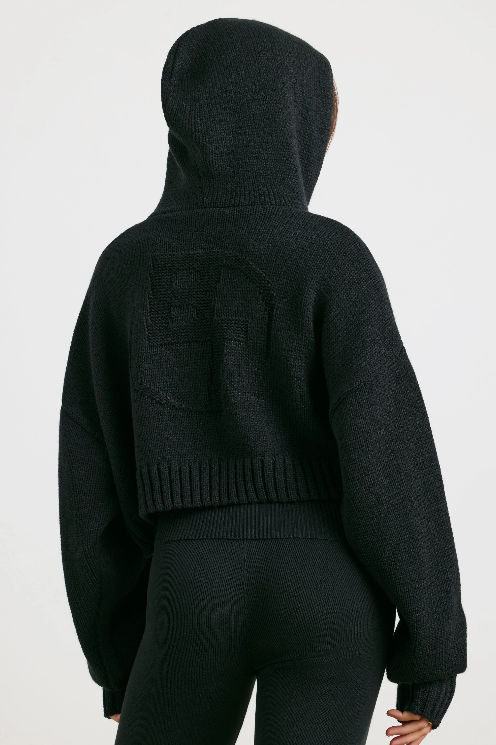 Cropped Zip Up Chunky Knit Hoodie in Black