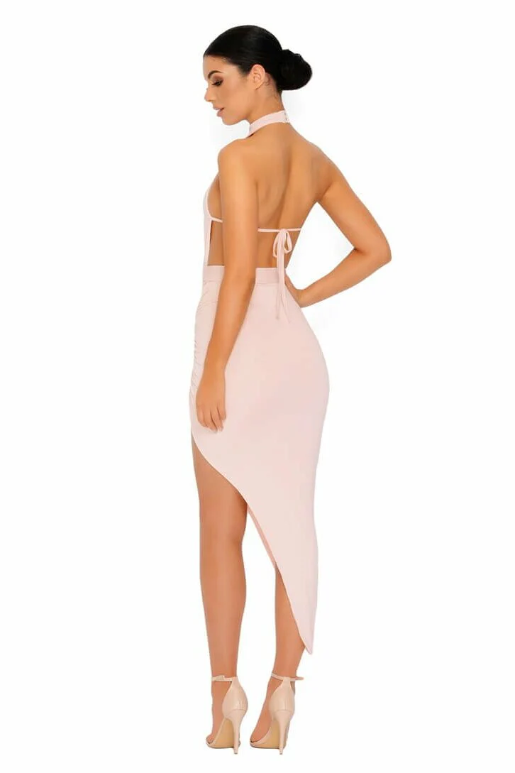 Eyes On The Thighs Halter Neck Asymmetric Midi Dress in Blush