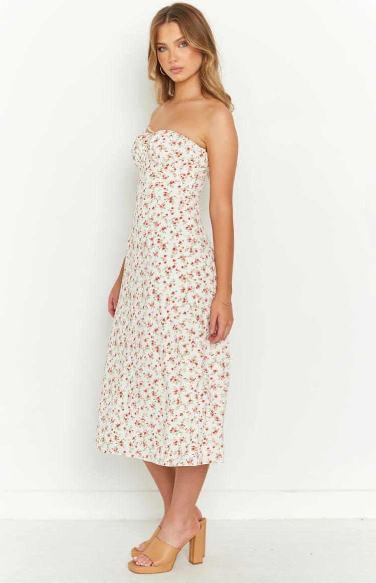 Dion White Floral Strapless Midi Dress