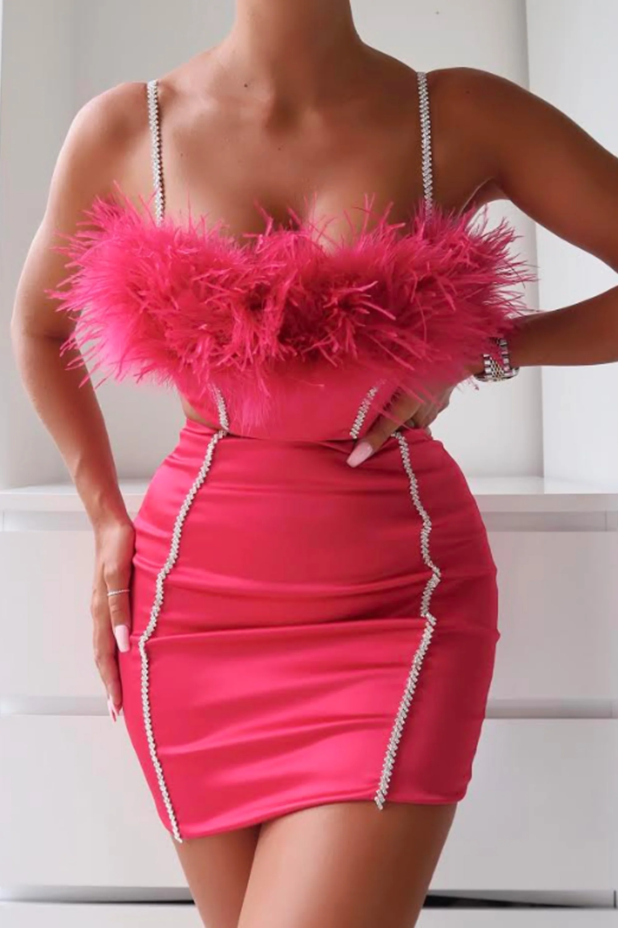 Bring The Party Embellished Satin Feather Crop Top in Hot Pink