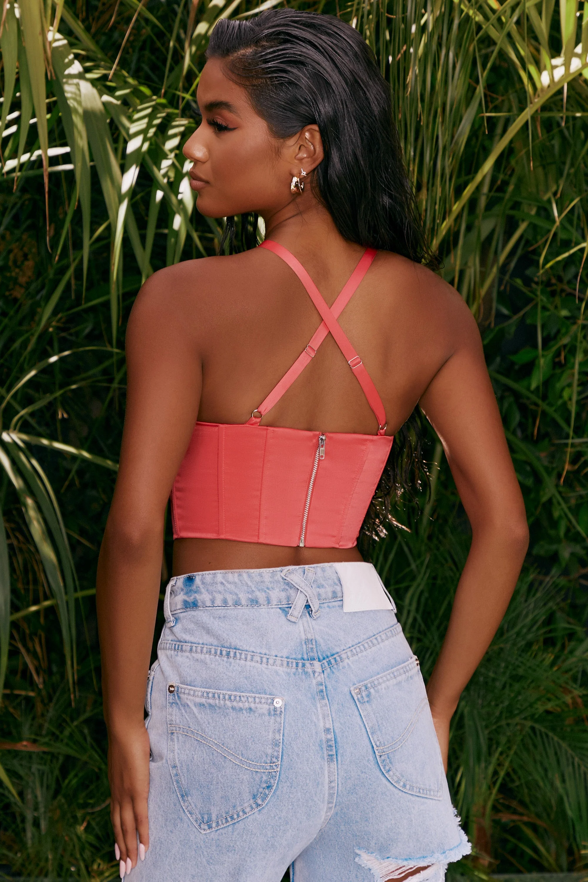 Hand On Heart Satin Keyhole Corset Crop Top in Pink