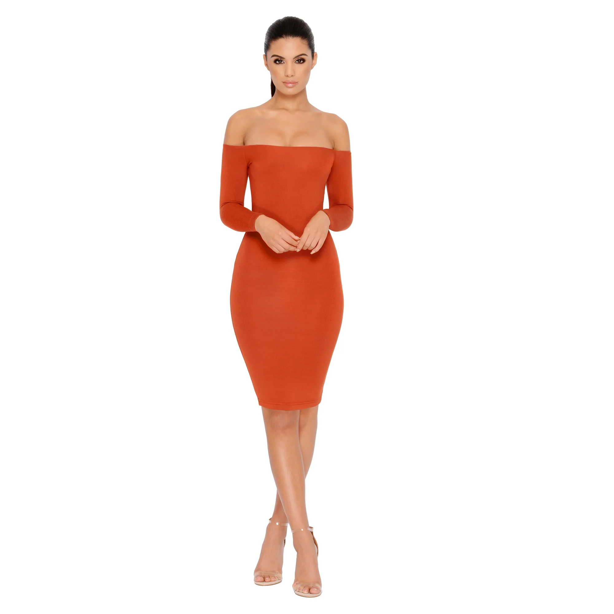 Bare Enough Off The Shoulder Double Layered Midi Dress in Copper