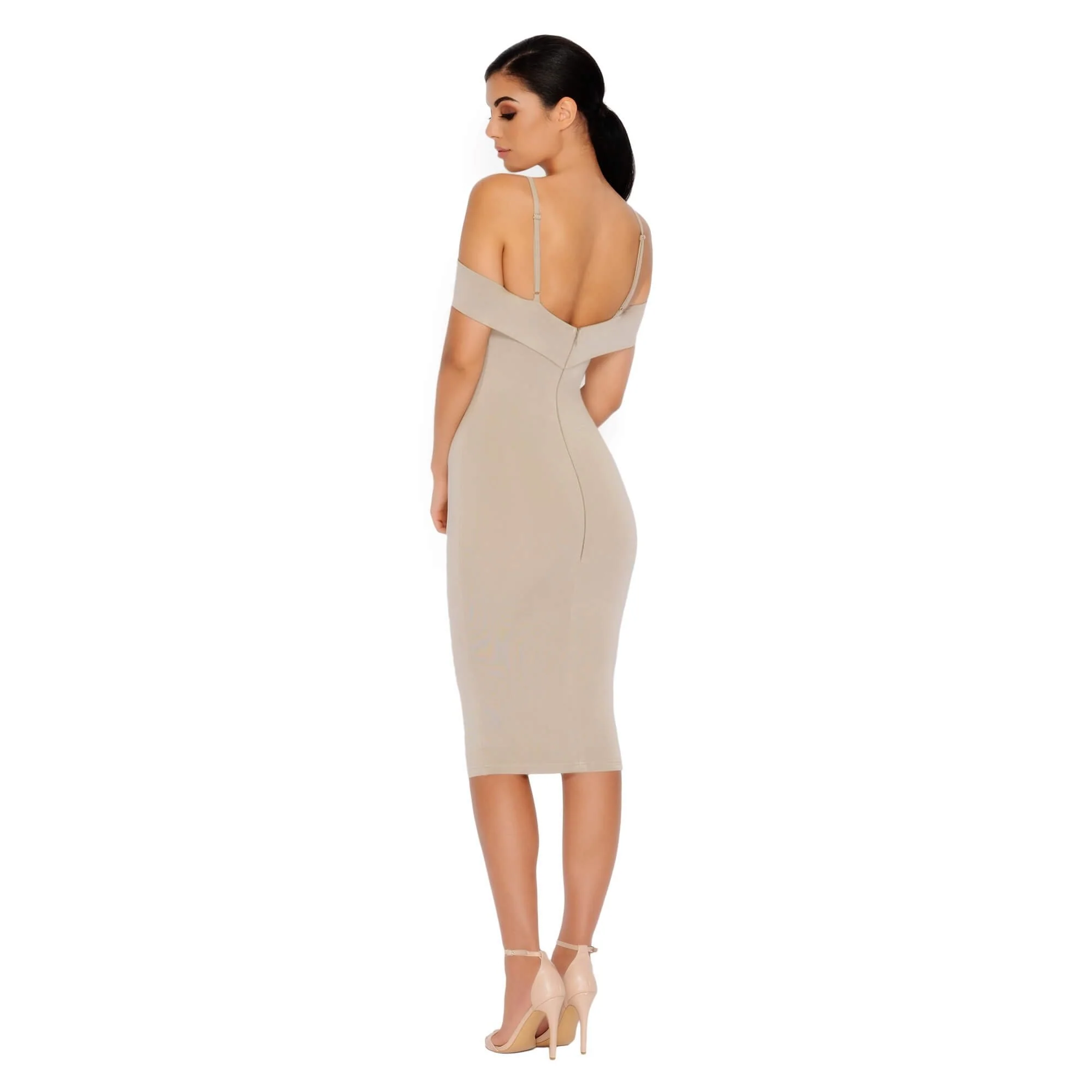 Bold Shoulder Double Layered Bardot Midi Dress in Stone