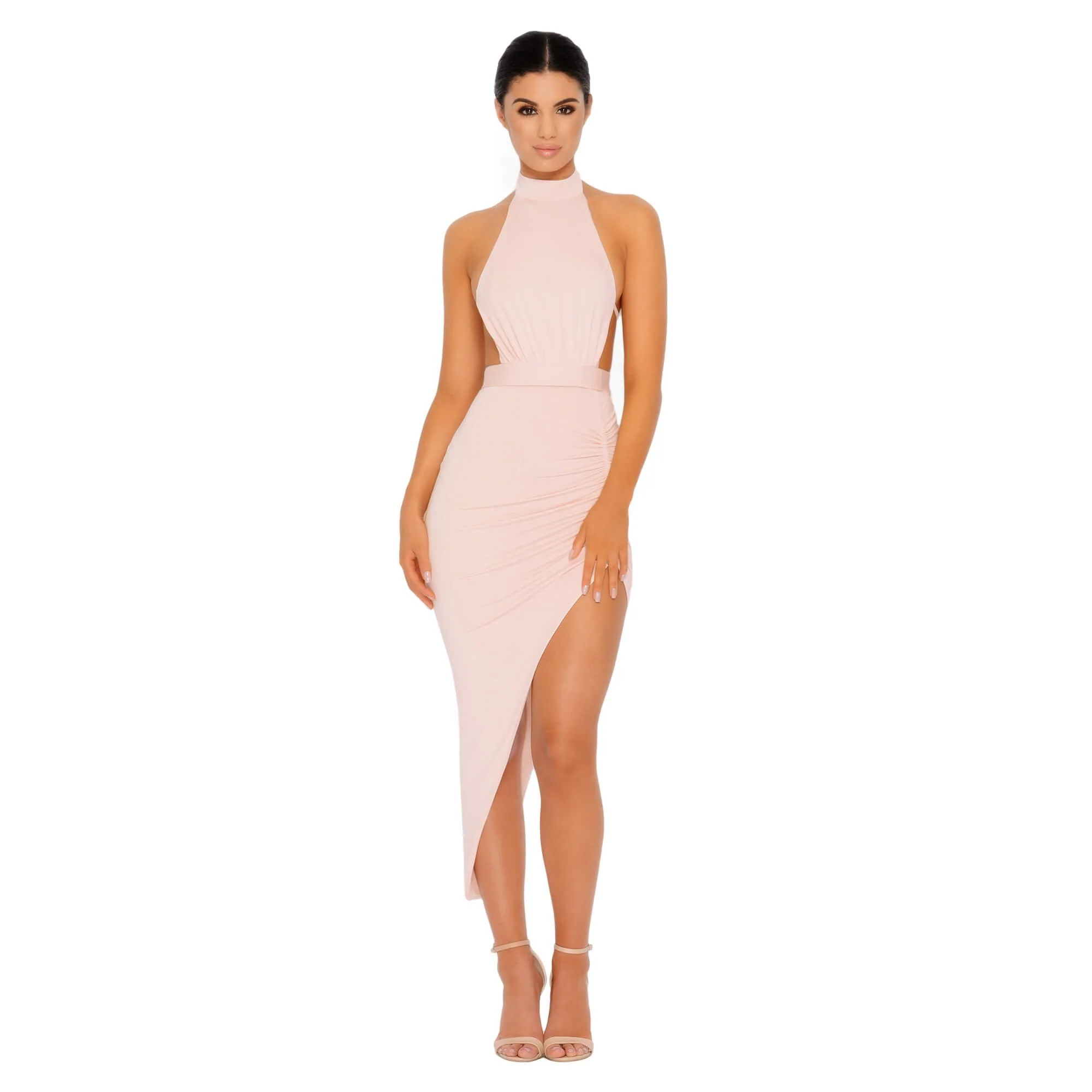Eyes On The Thighs Halter Neck Asymmetric Midi Dress in Blush