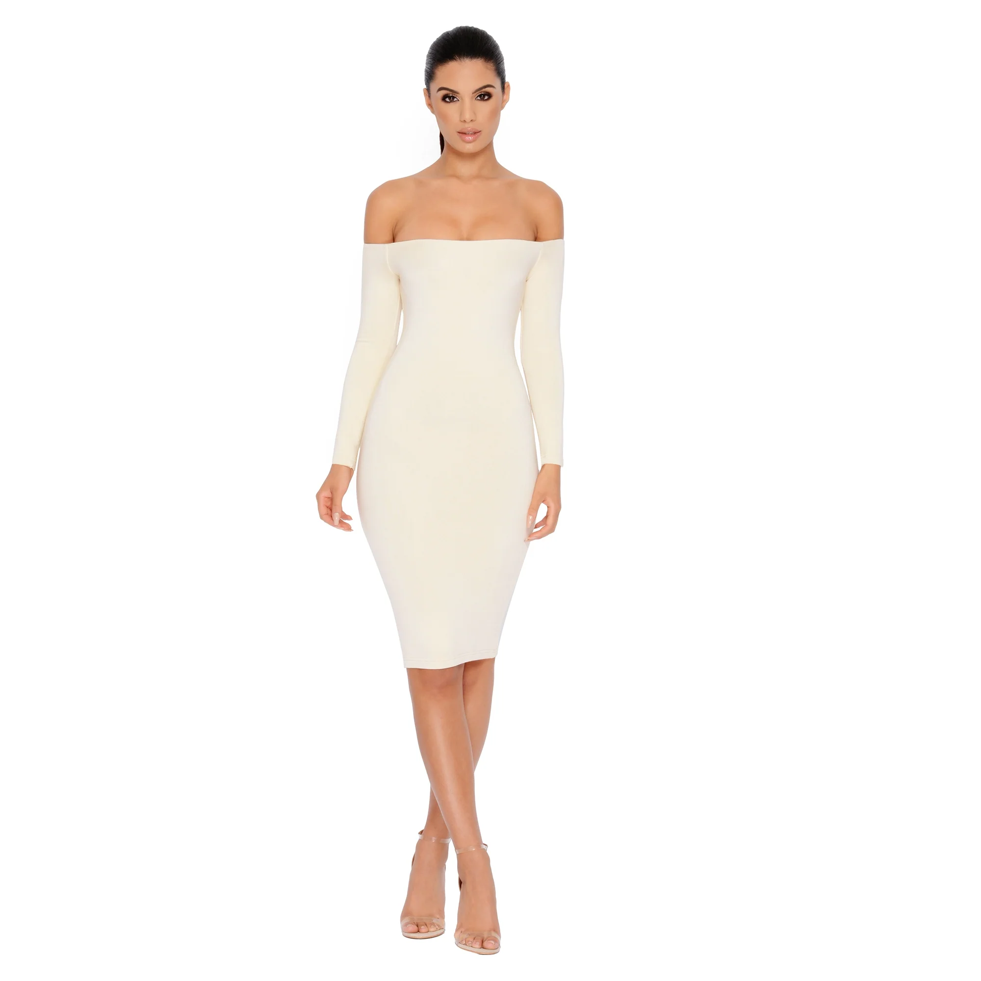 Bare Enough Off The Shoulder Double Layered Midi Dress in Ivory