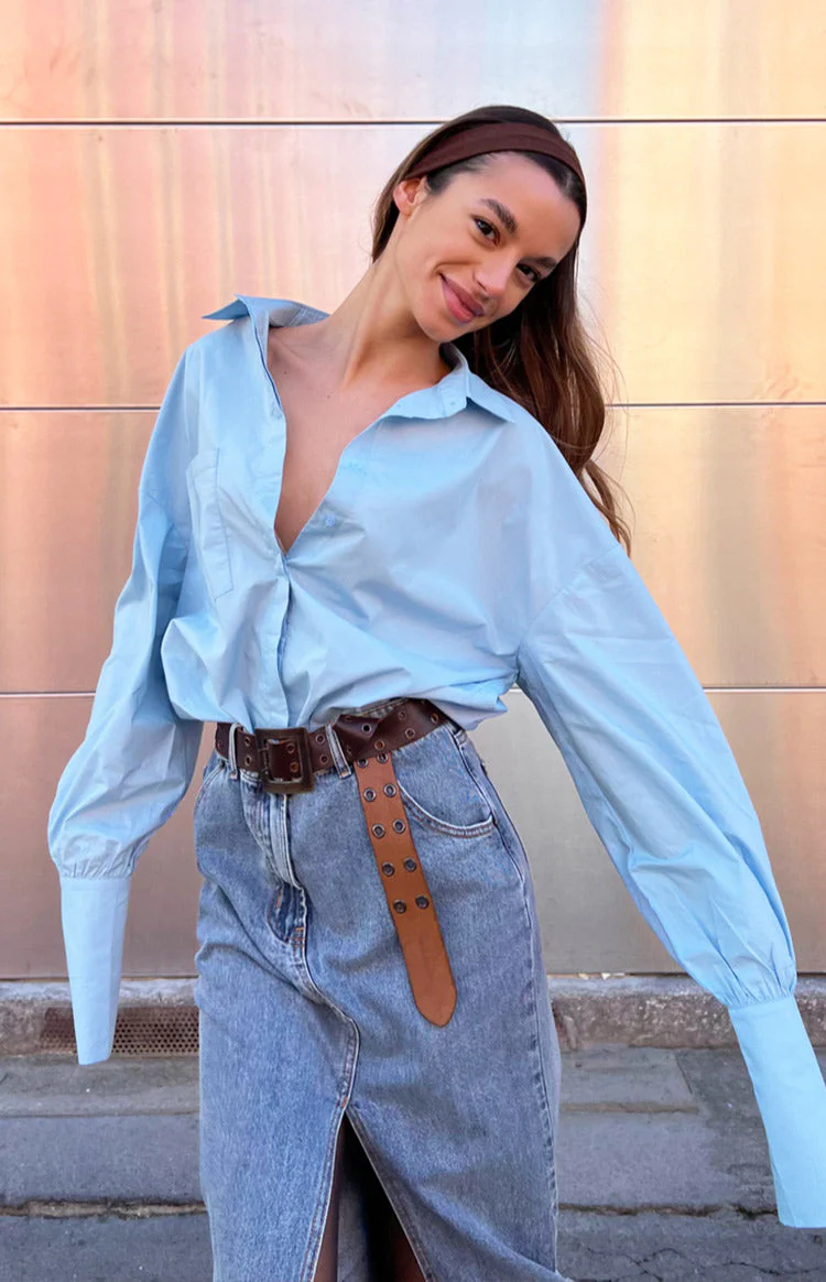 Lioness Dad Shirt Sky Blue Mini Dress