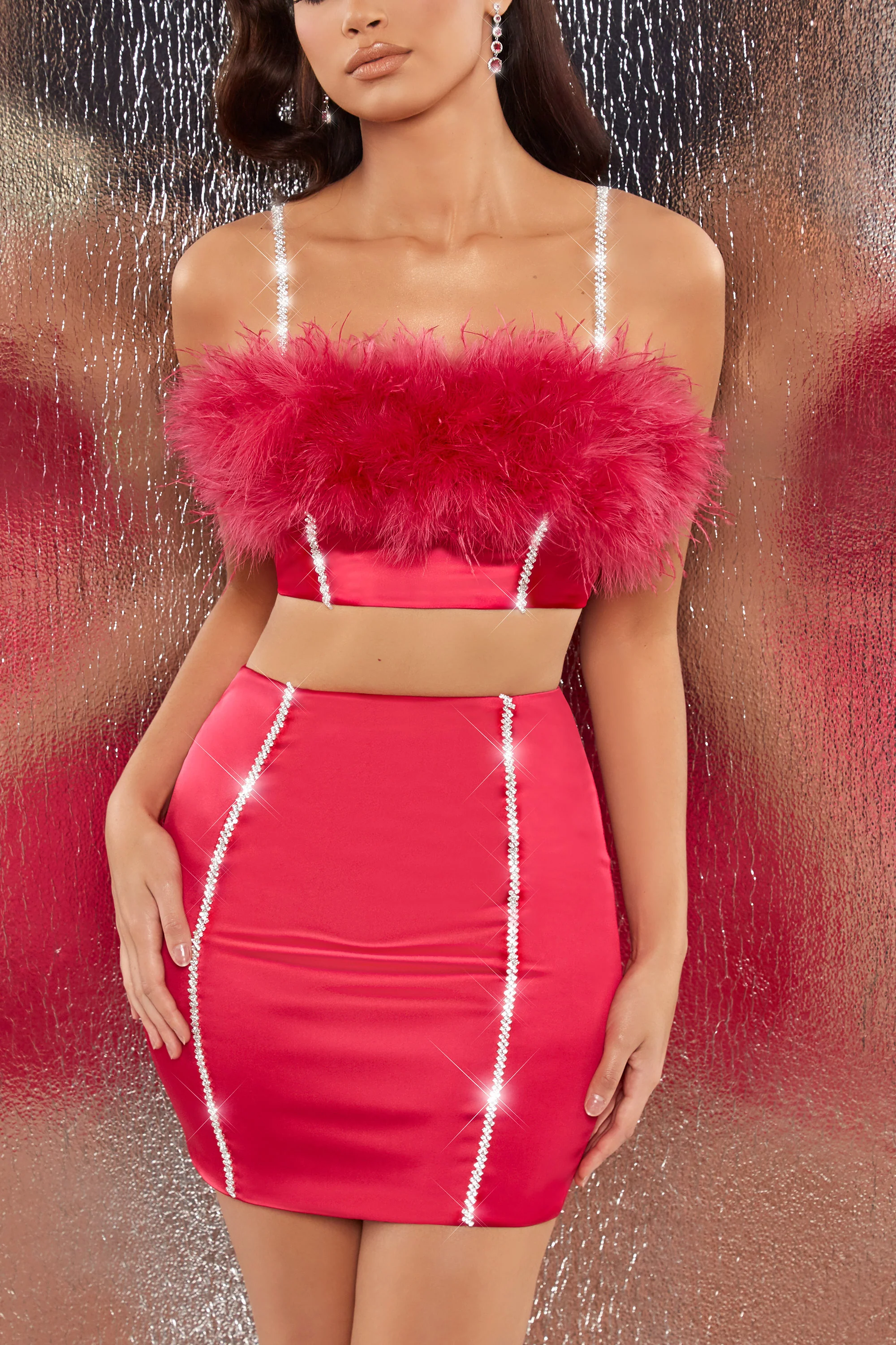 Bring The Party Embellished Satin Feather Crop Top in Hot Pink