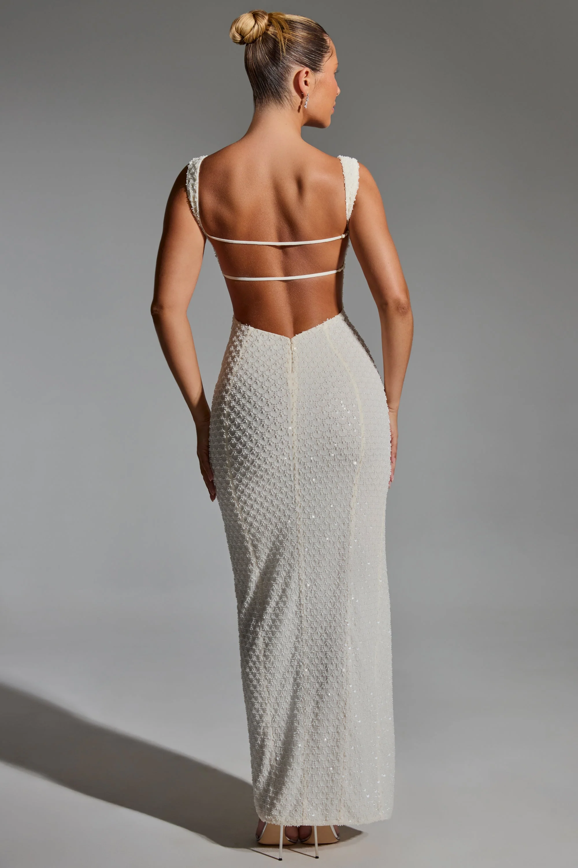 Embellished Open-Back Maxi Dress in White