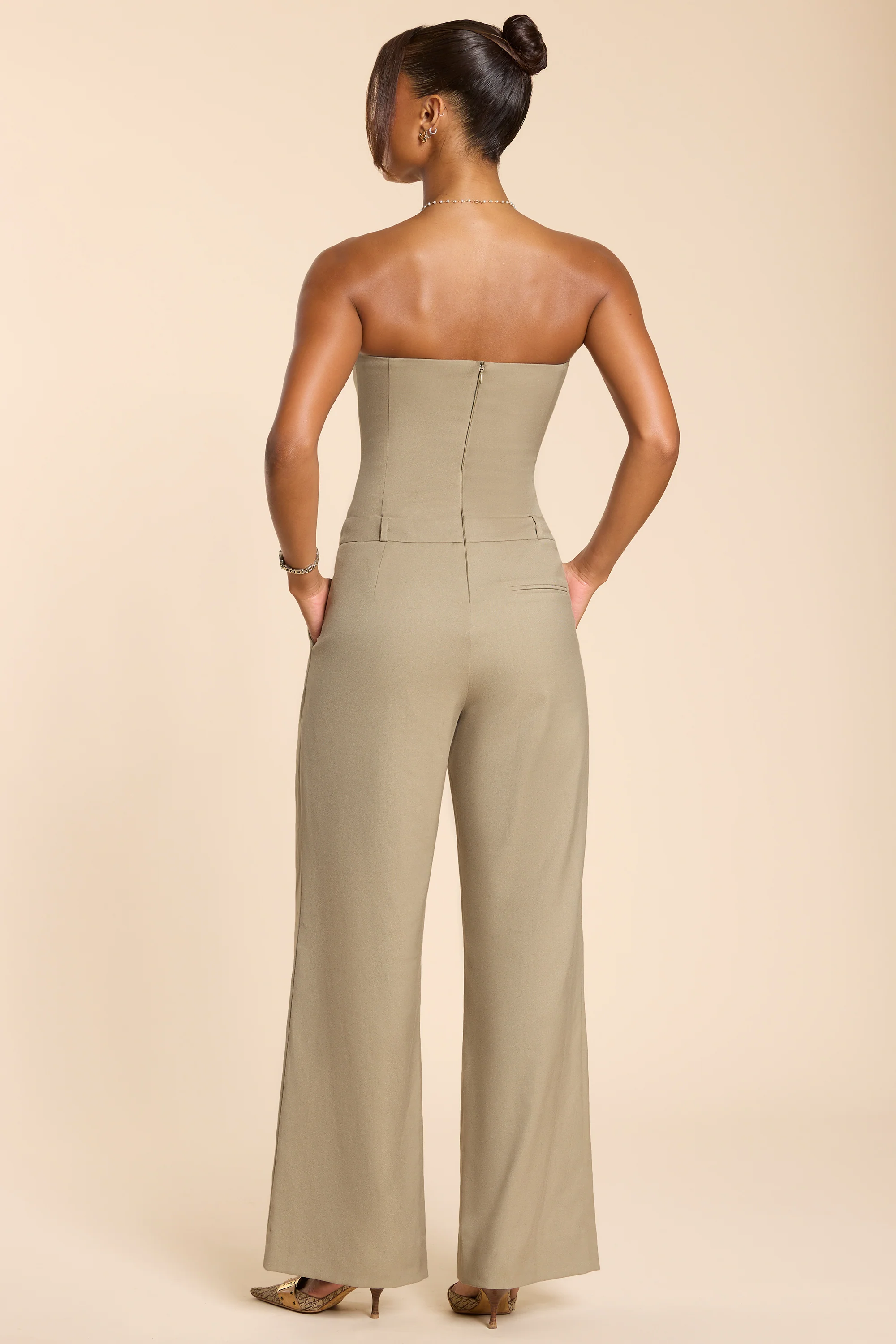 Brushed Twill Bandeau Corset Jumpsuit in Taupe