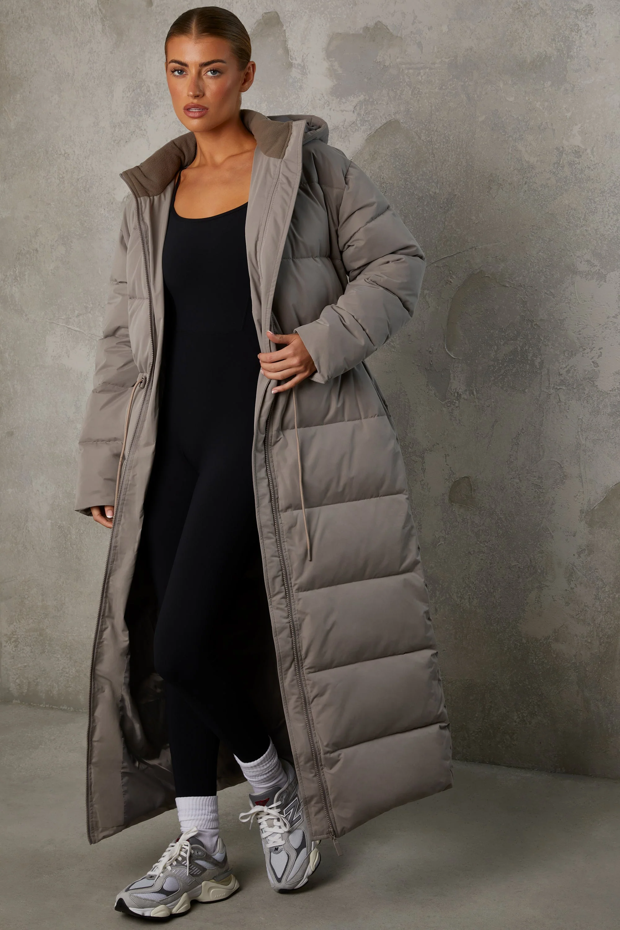 Full Length Hooded Puffer Coat in Warm Grey