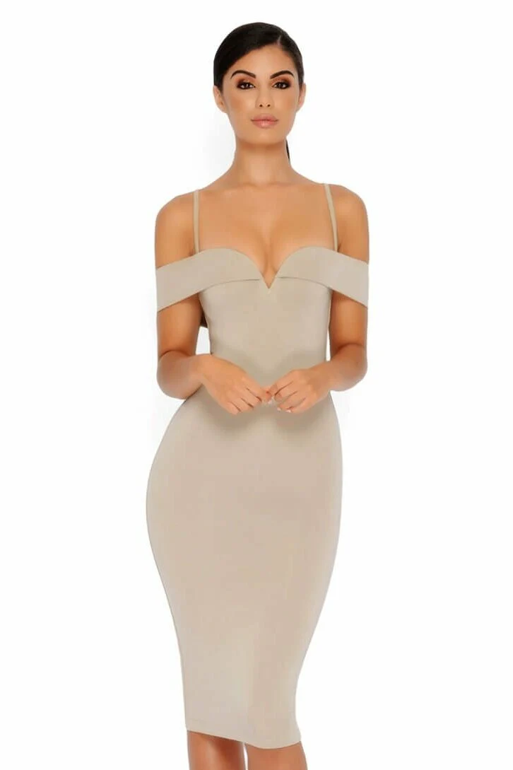 Bold Shoulder Double Layered Bardot Midi Dress in Stone
