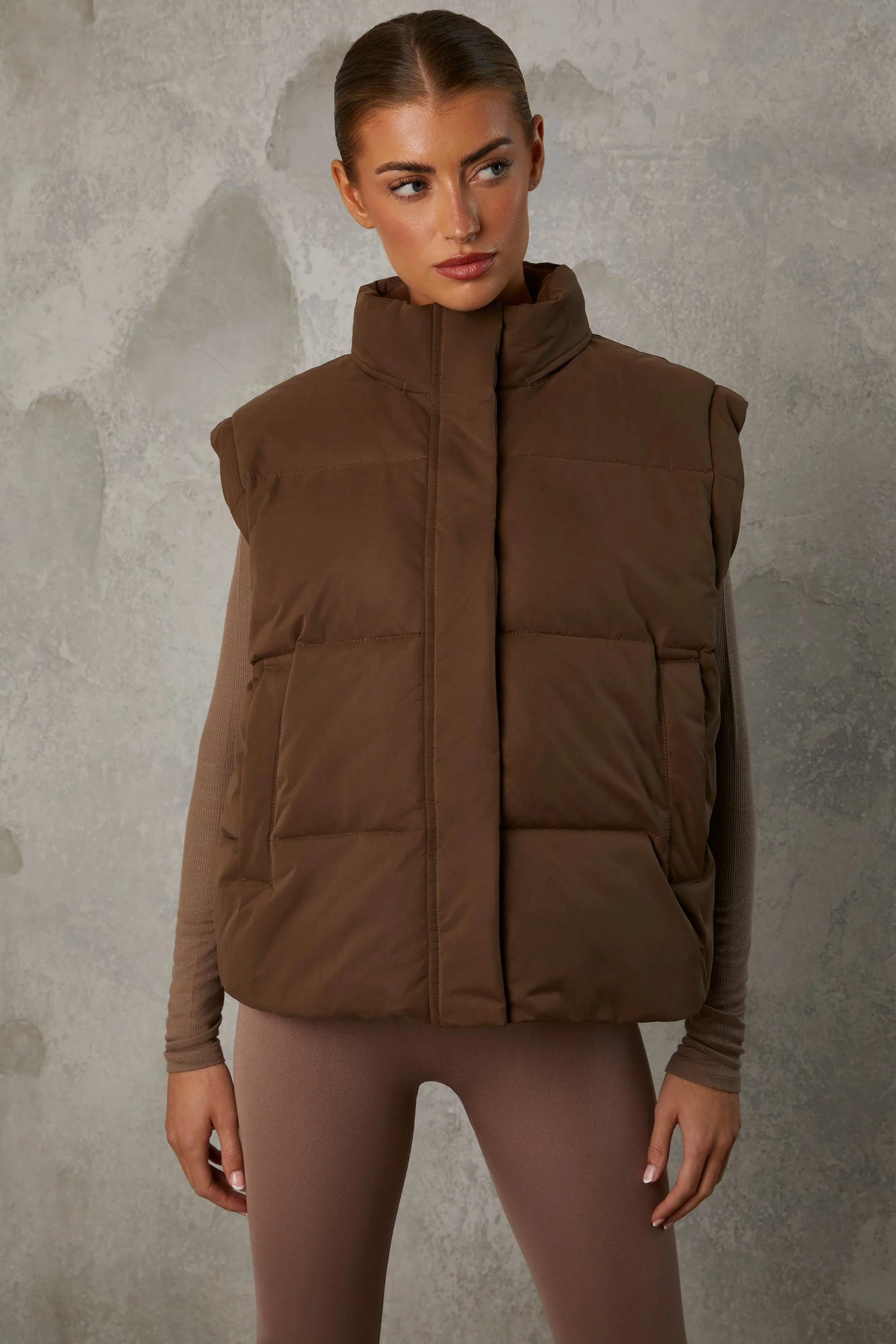 Cropped Puffer Jacket with Detachable Sleeves in Cocoa Brown