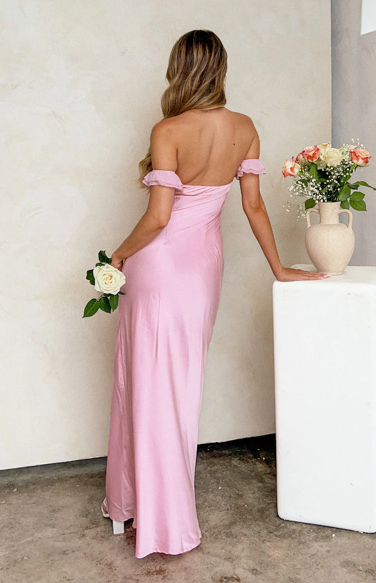 Elvira Pink Satin Formal Maxi Dress