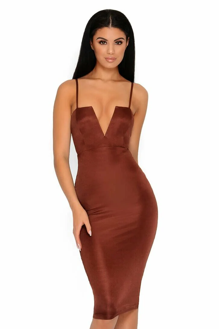 Deep & Bounds Structured Satin Midi Dress in Chocolate Brown