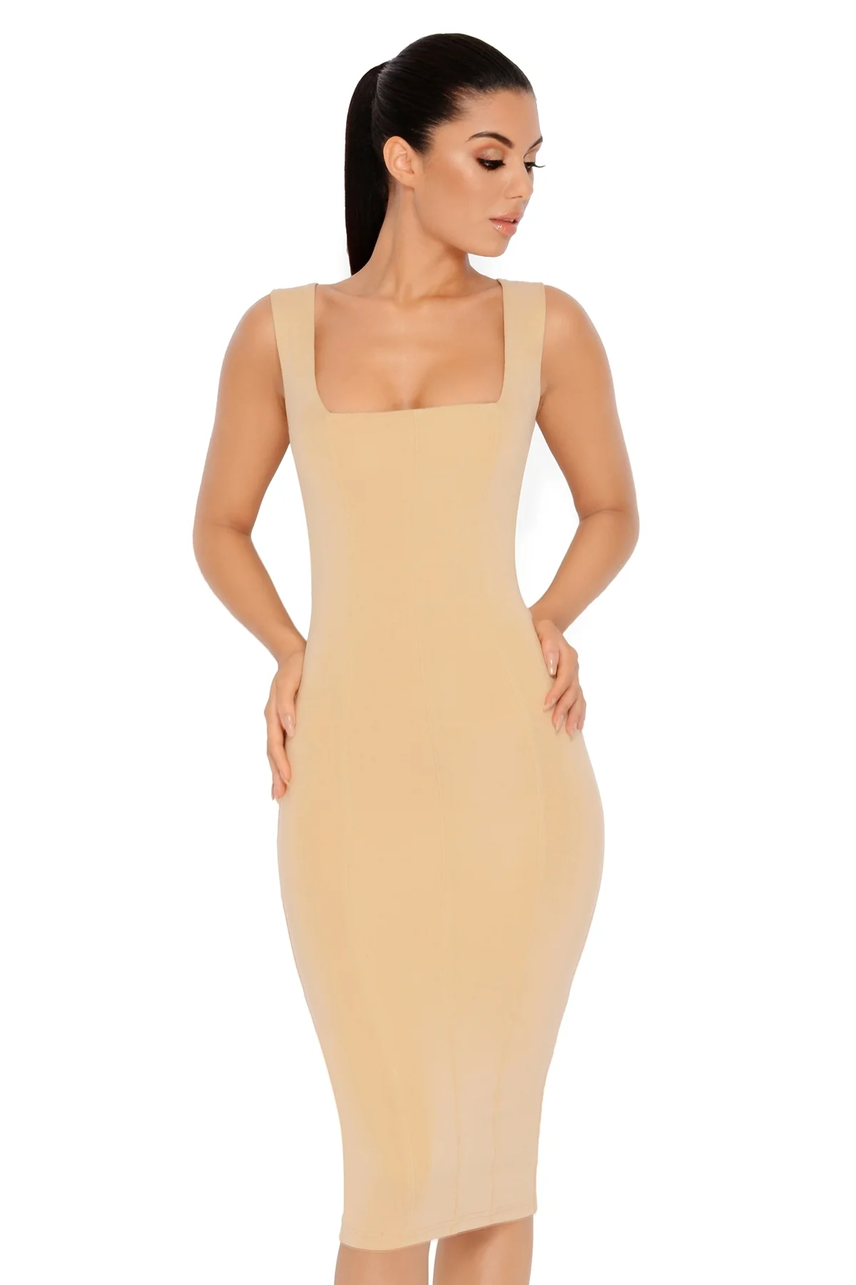 Hip To Be Square Double Layered Midi Dress in Beige