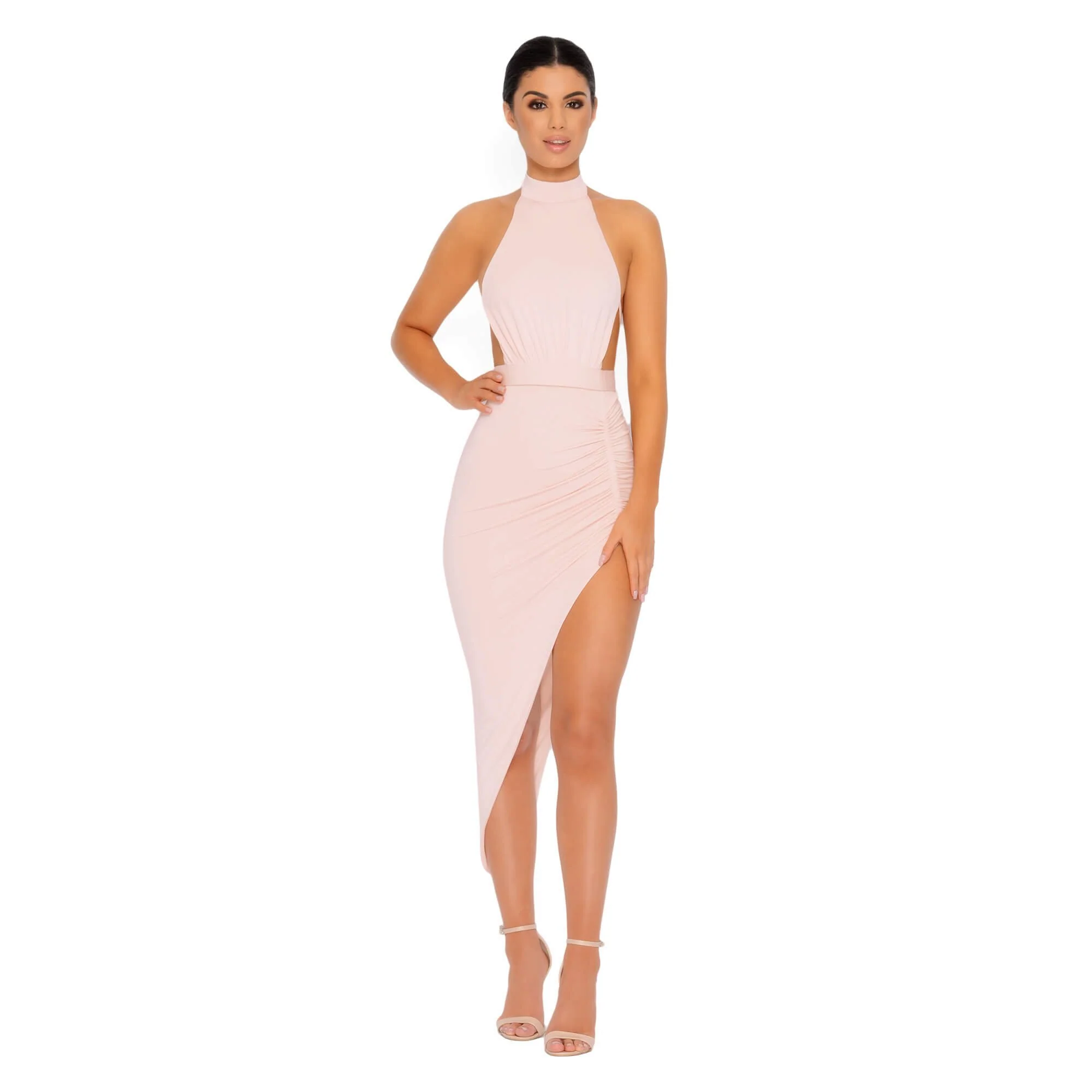 Eyes On The Thighs Halter Neck Asymmetric Midi Dress in Blush