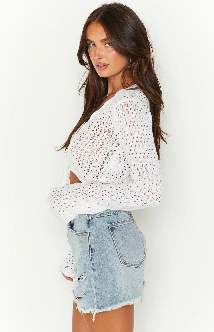 Eilish White Crochet Long Sleeve Top
