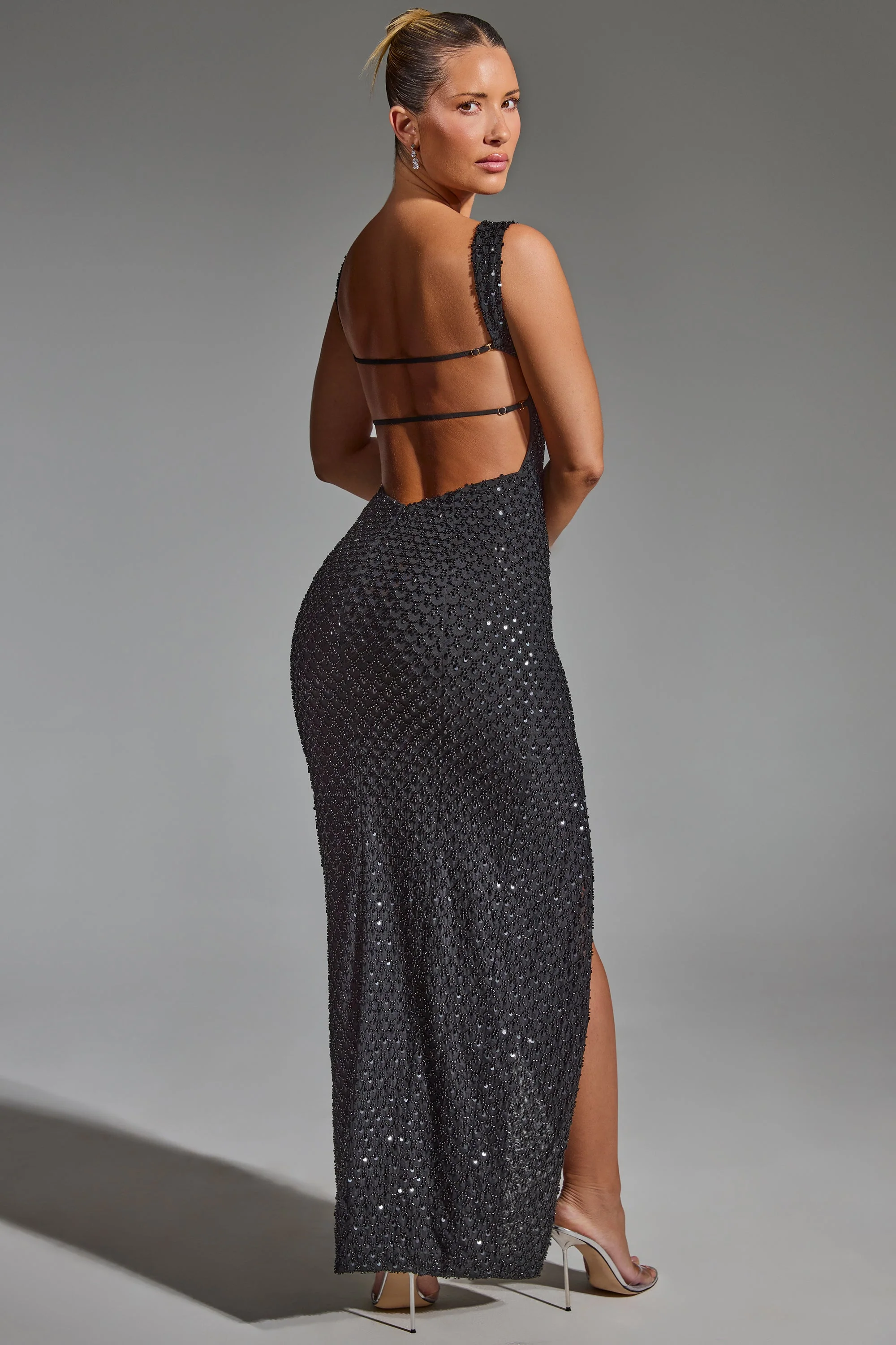 Embellished Open-Back Maxi Dress in Black