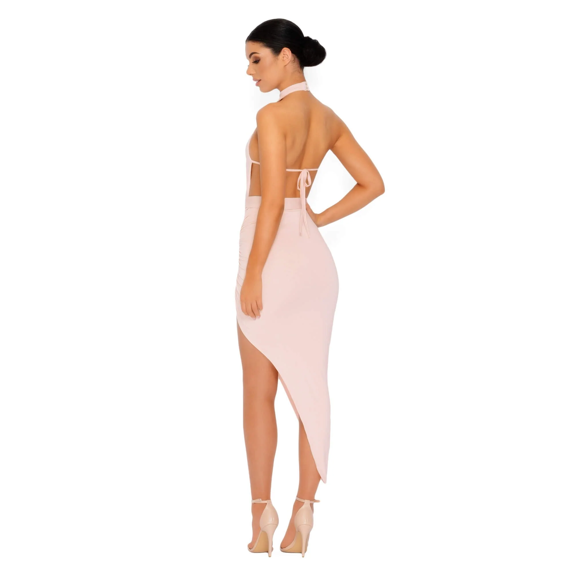 Eyes On The Thighs Halter Neck Asymmetric Midi Dress in Blush