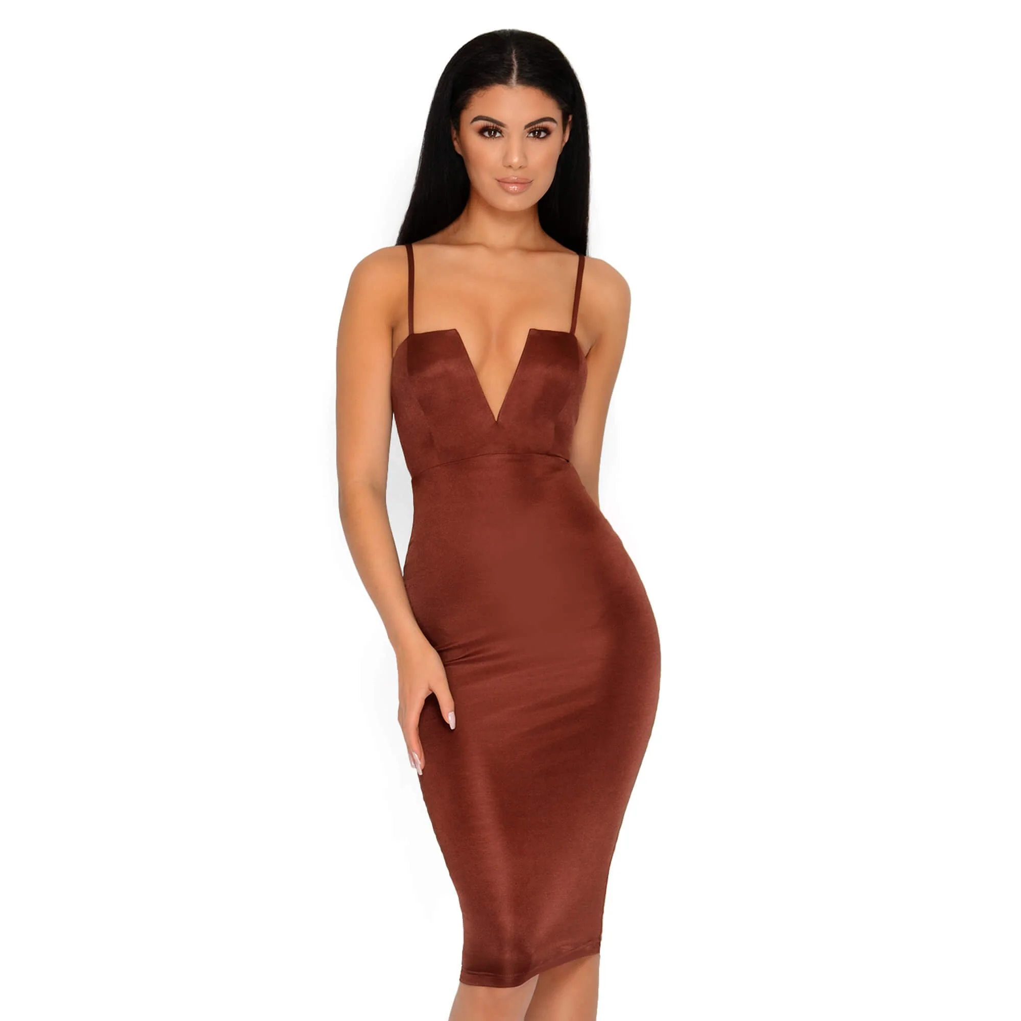 Deep & Bounds Structured Satin Midi Dress in Chocolate Brown