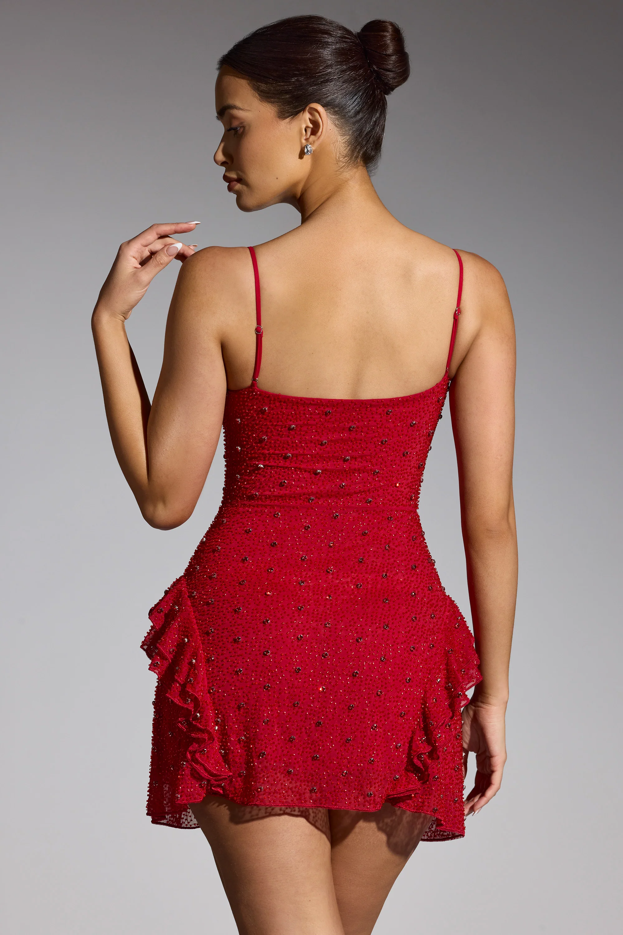 Embellished Frill Mini Dress in Red