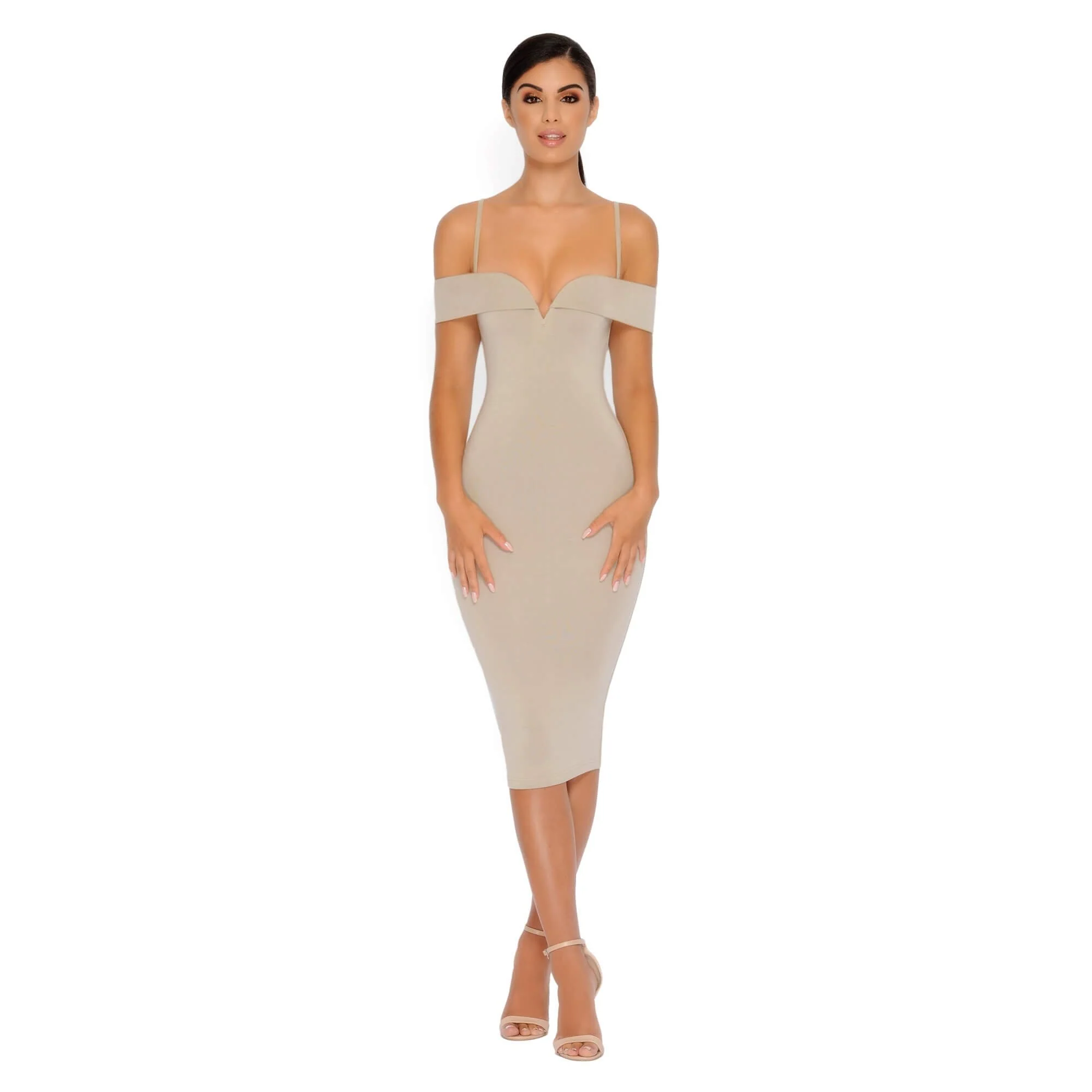 Bold Shoulder Double Layered Bardot Midi Dress in Stone
