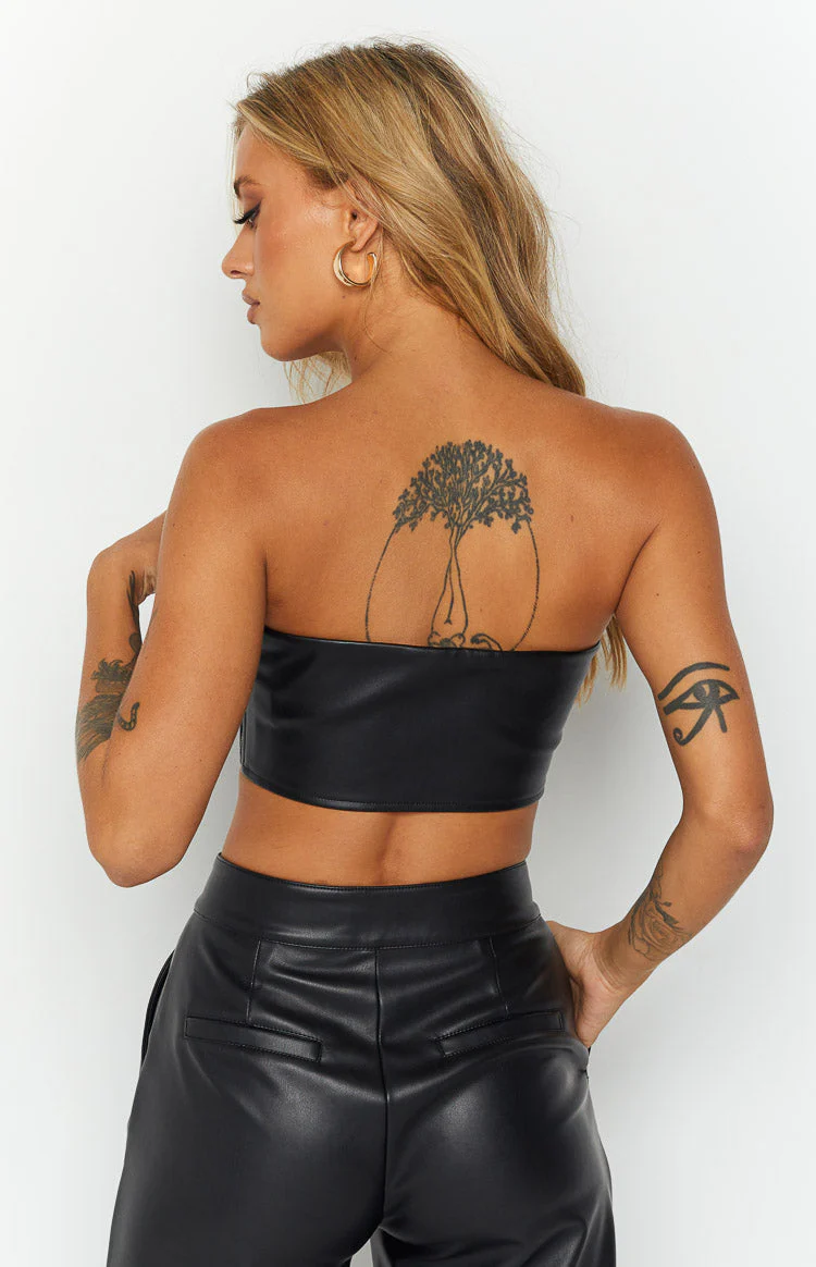 Nation Black PU Strapless Crop Top