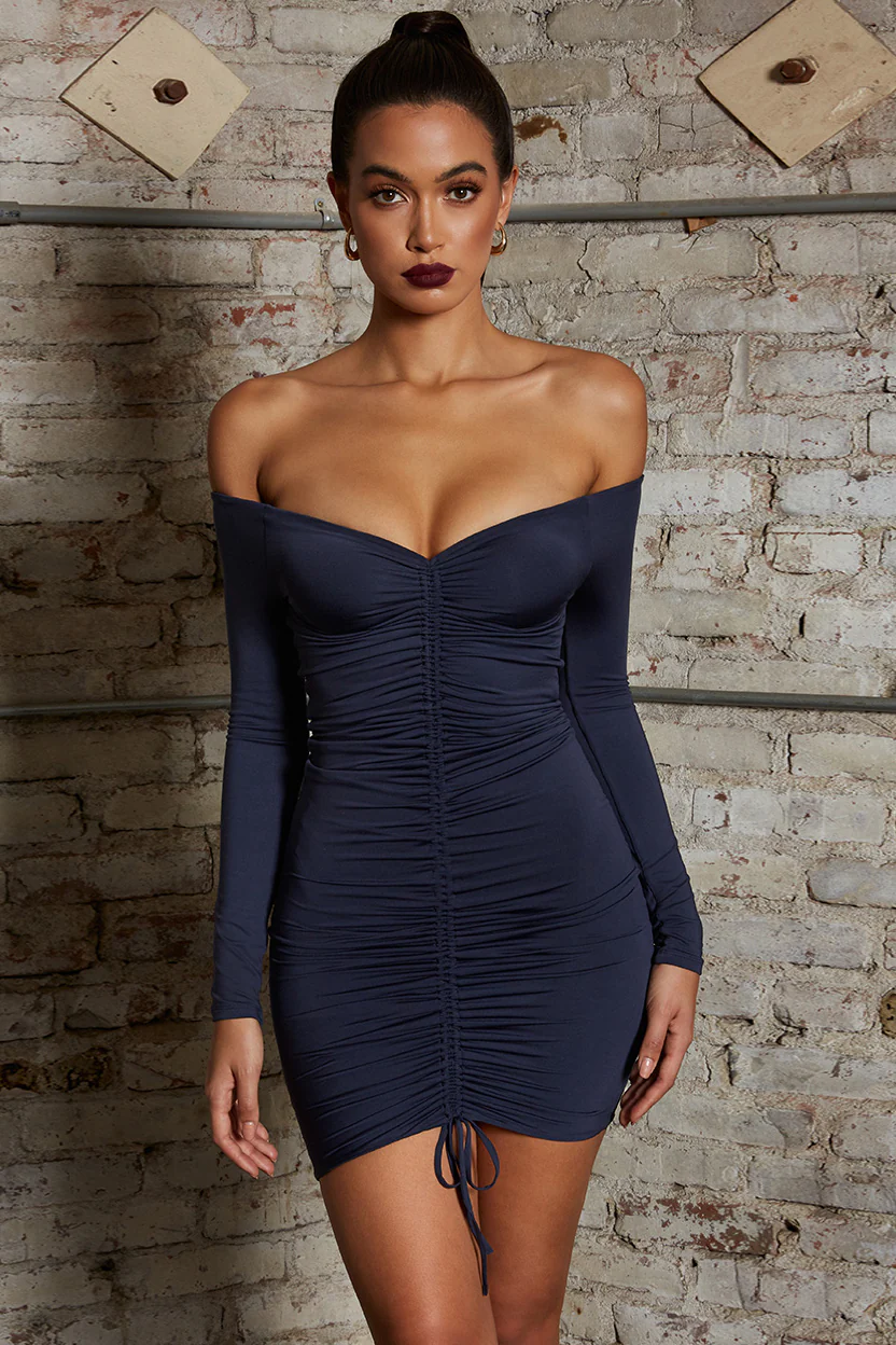 Get Down Tonight Long Sleeve Ruche Bardot Mini Dress in Midnight Blue