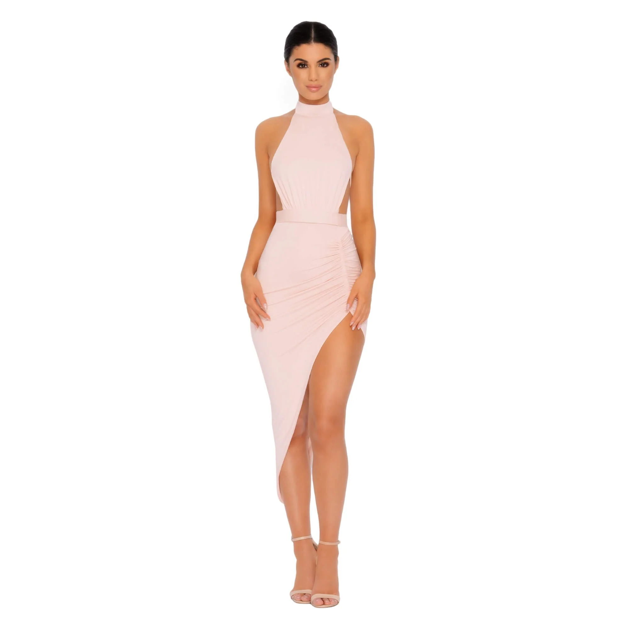 Eyes On The Thighs Halter Neck Asymmetric Midi Dress in Blush