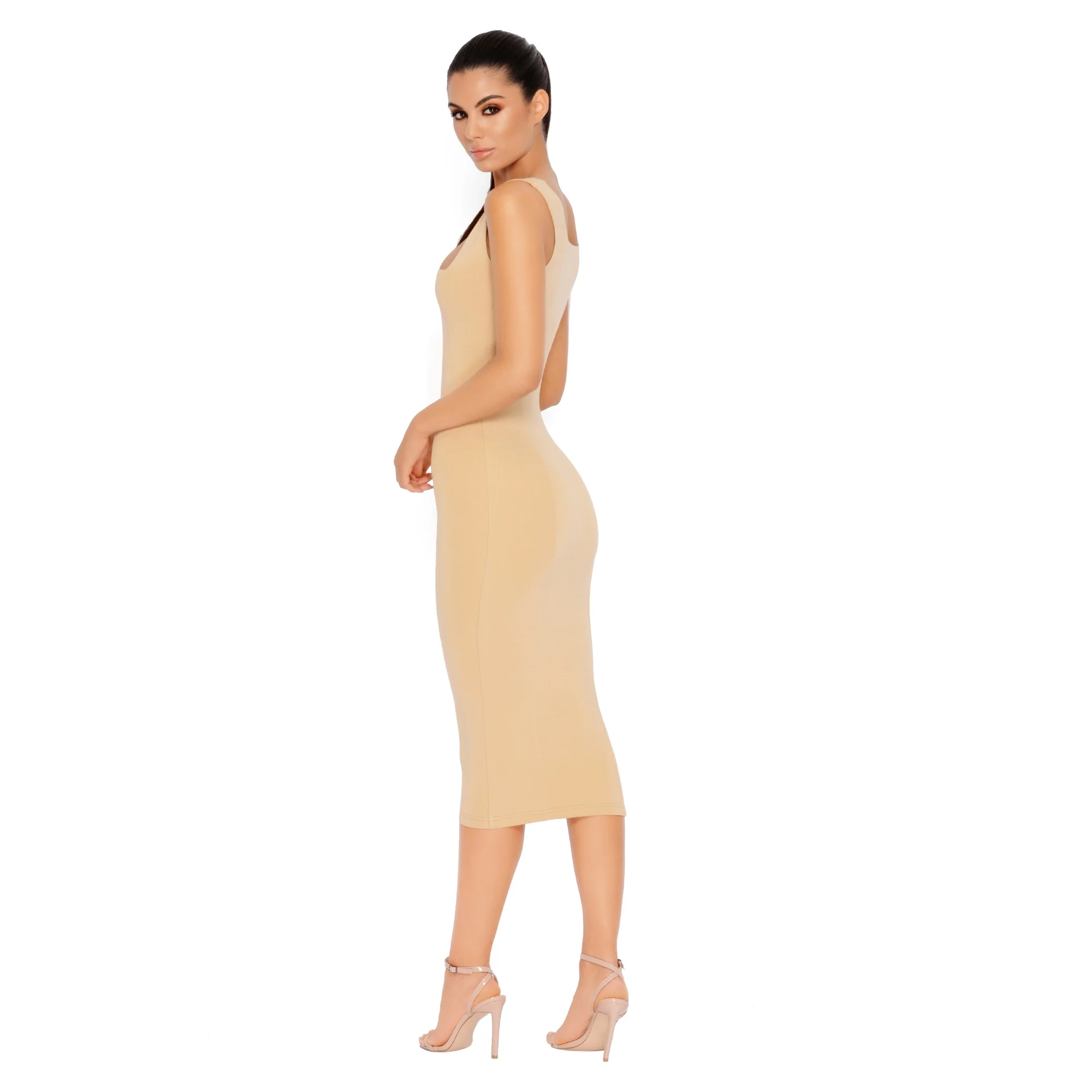 Hip To Be Square Double Layered Midi Dress in Beige