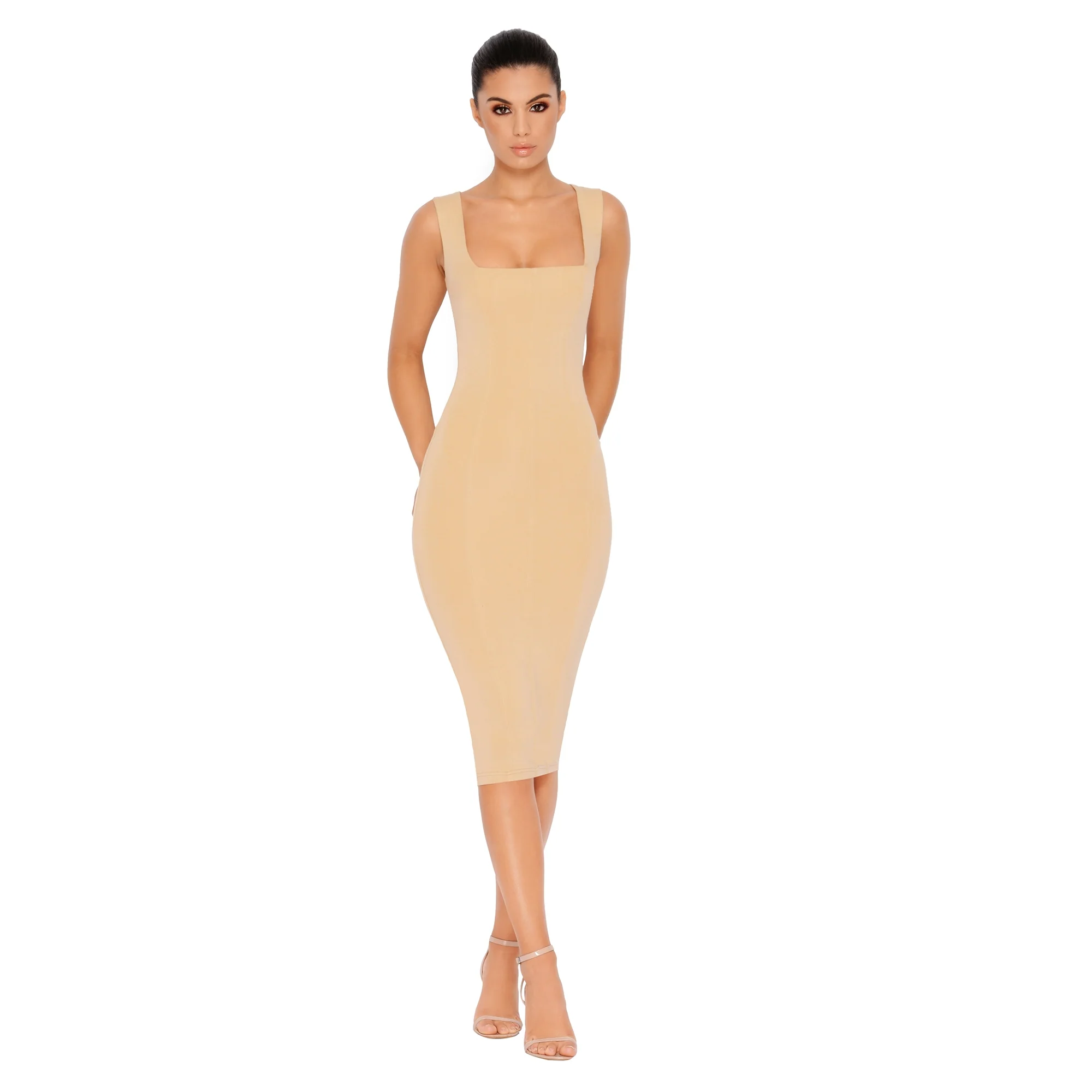 Hip To Be Square Double Layered Midi Dress in Beige