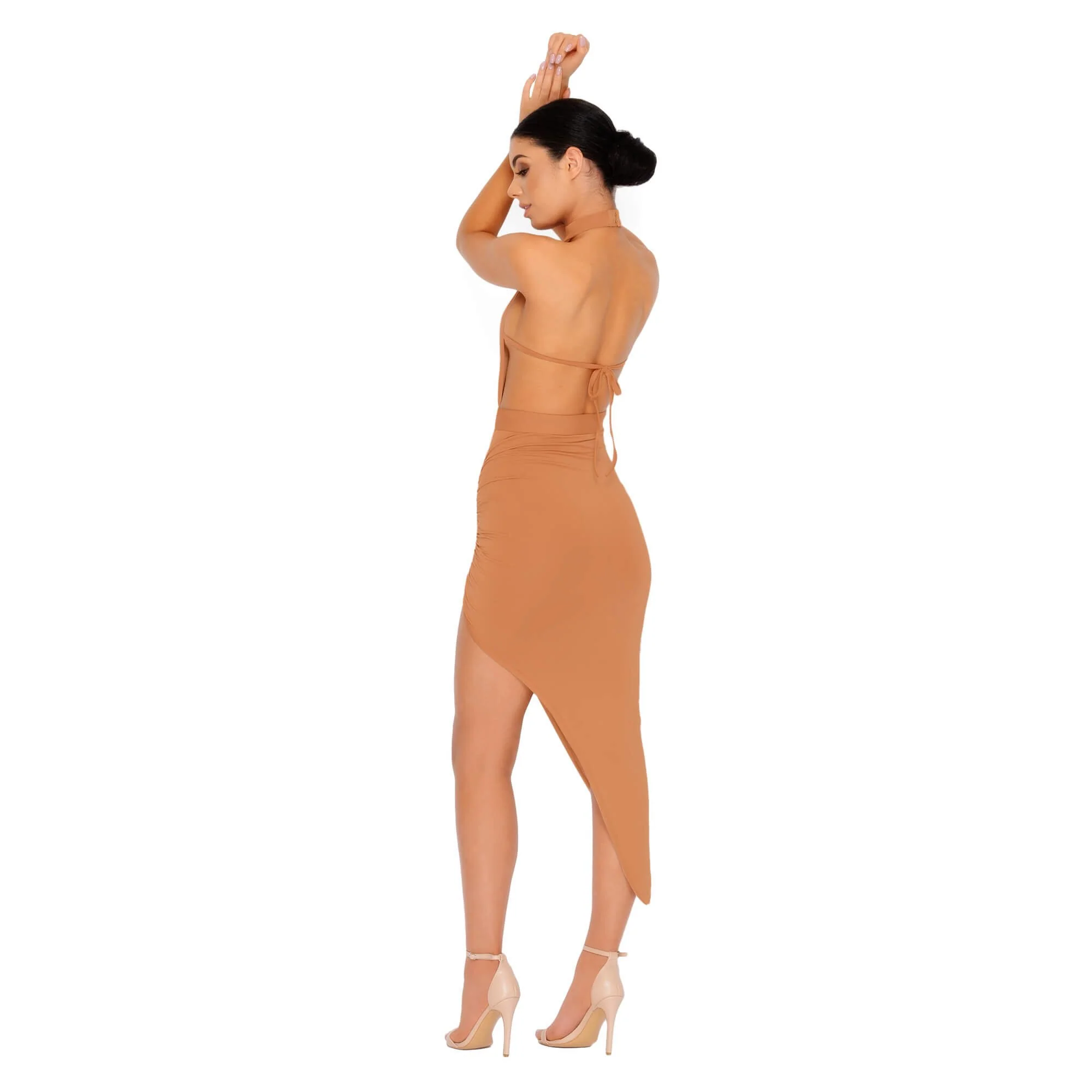 Eyes On The Thighs Halter Neck Asymmetric Midi Dress in Caramel