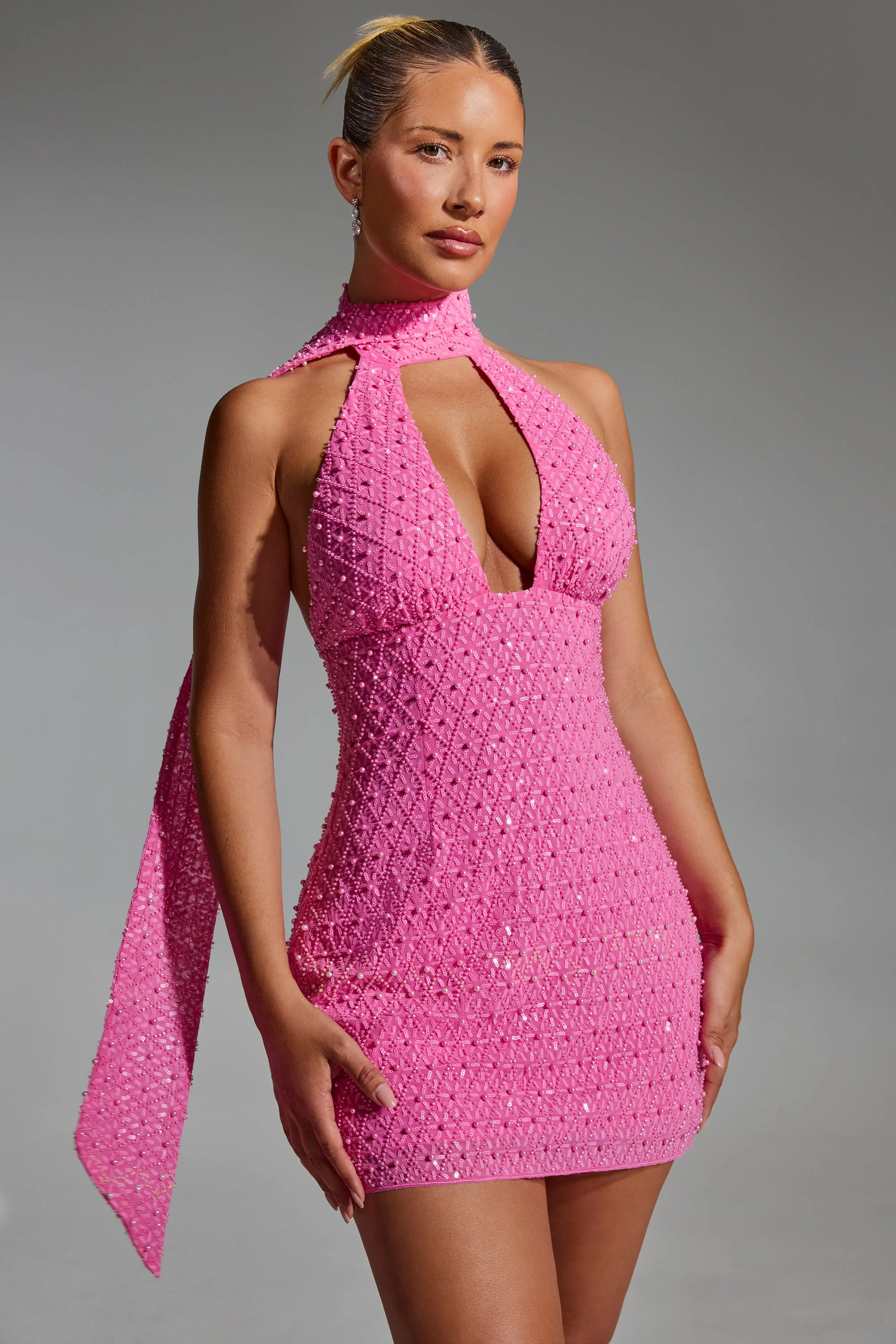 Embellished Scarf-Detail Halterneck Mini Dress in Hot Pink