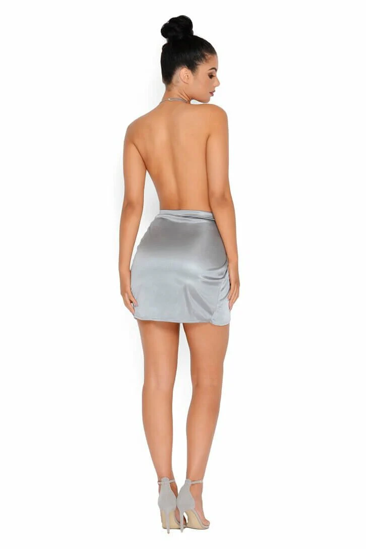 Holy Wrap Satin Wrap Mini Dress in Grey