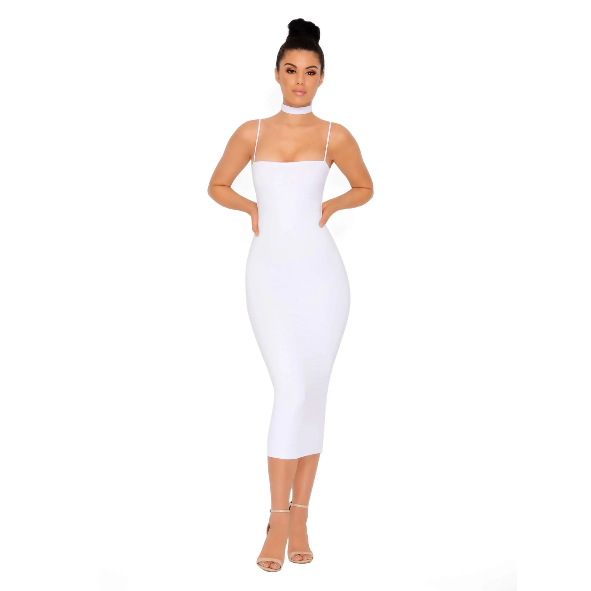 Choke Of Luck Double Layered Midi Dress with Choker in White