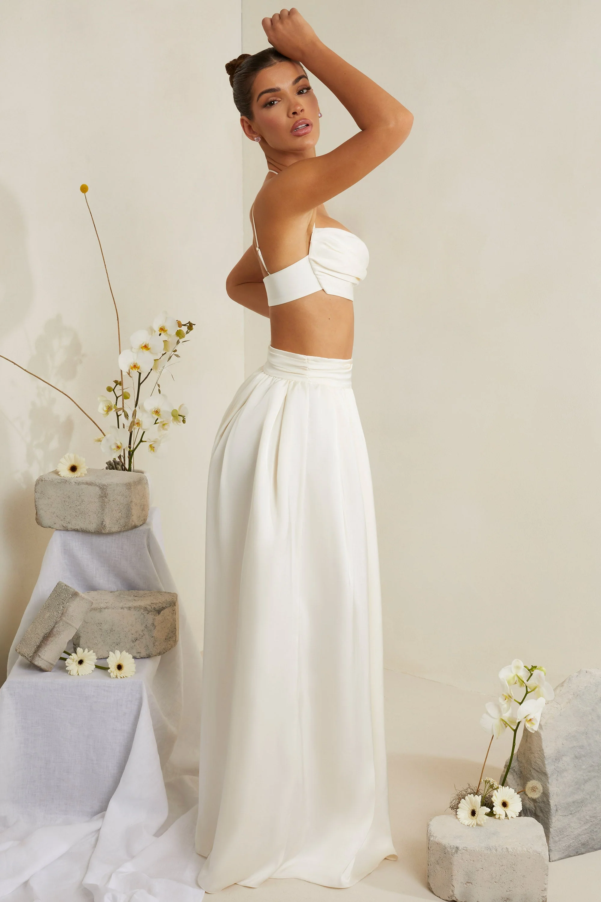 Cowl Neck Heavy Satin Crop Top in White
