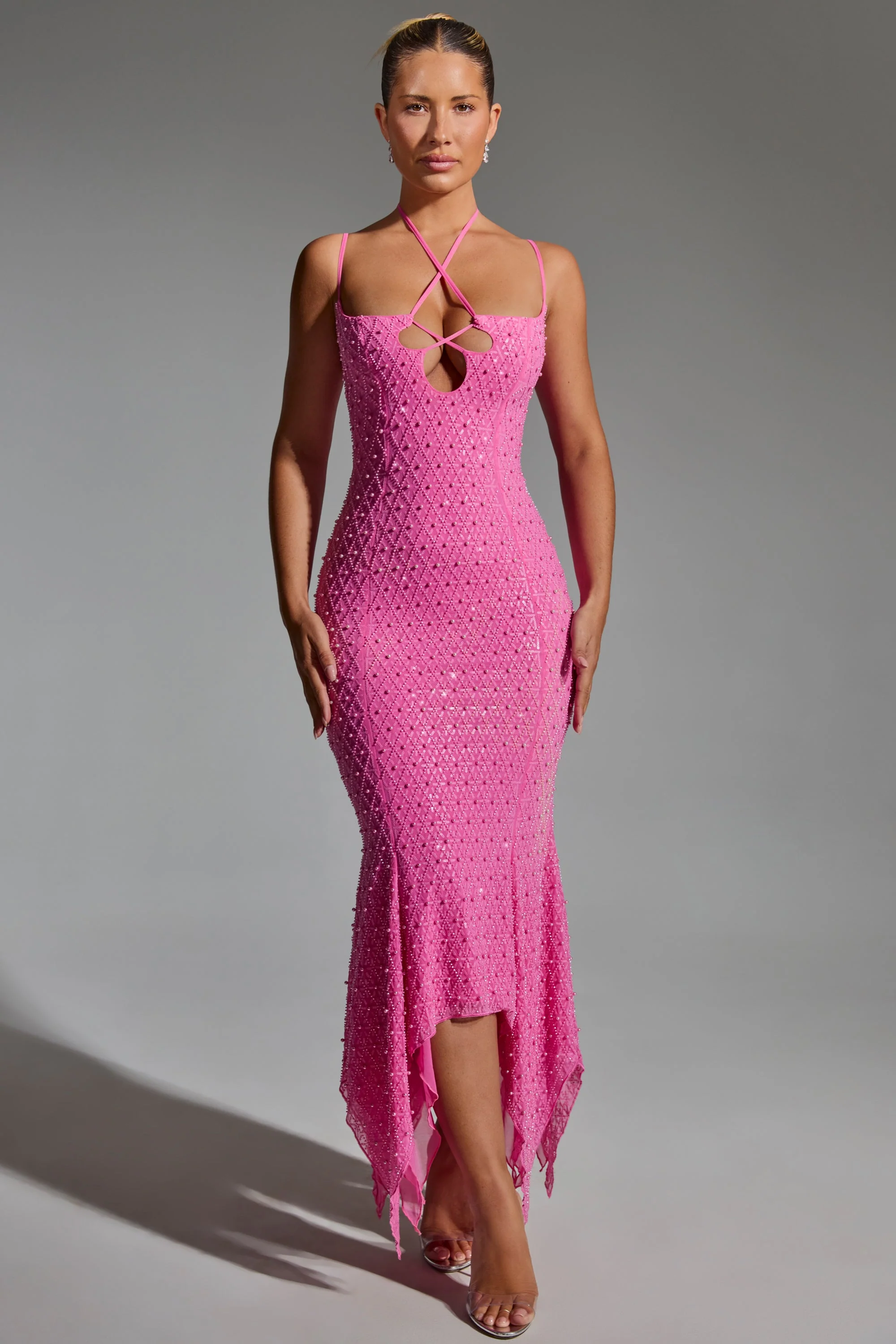 Embellished Cut-Out Asymmetric Midaxi Dress in Hot Pink
